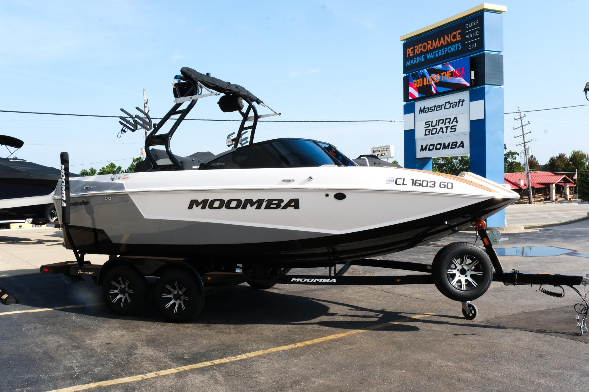 2023 Moomba Mondo boat on trailer at Performance Marine Watersports dealership.