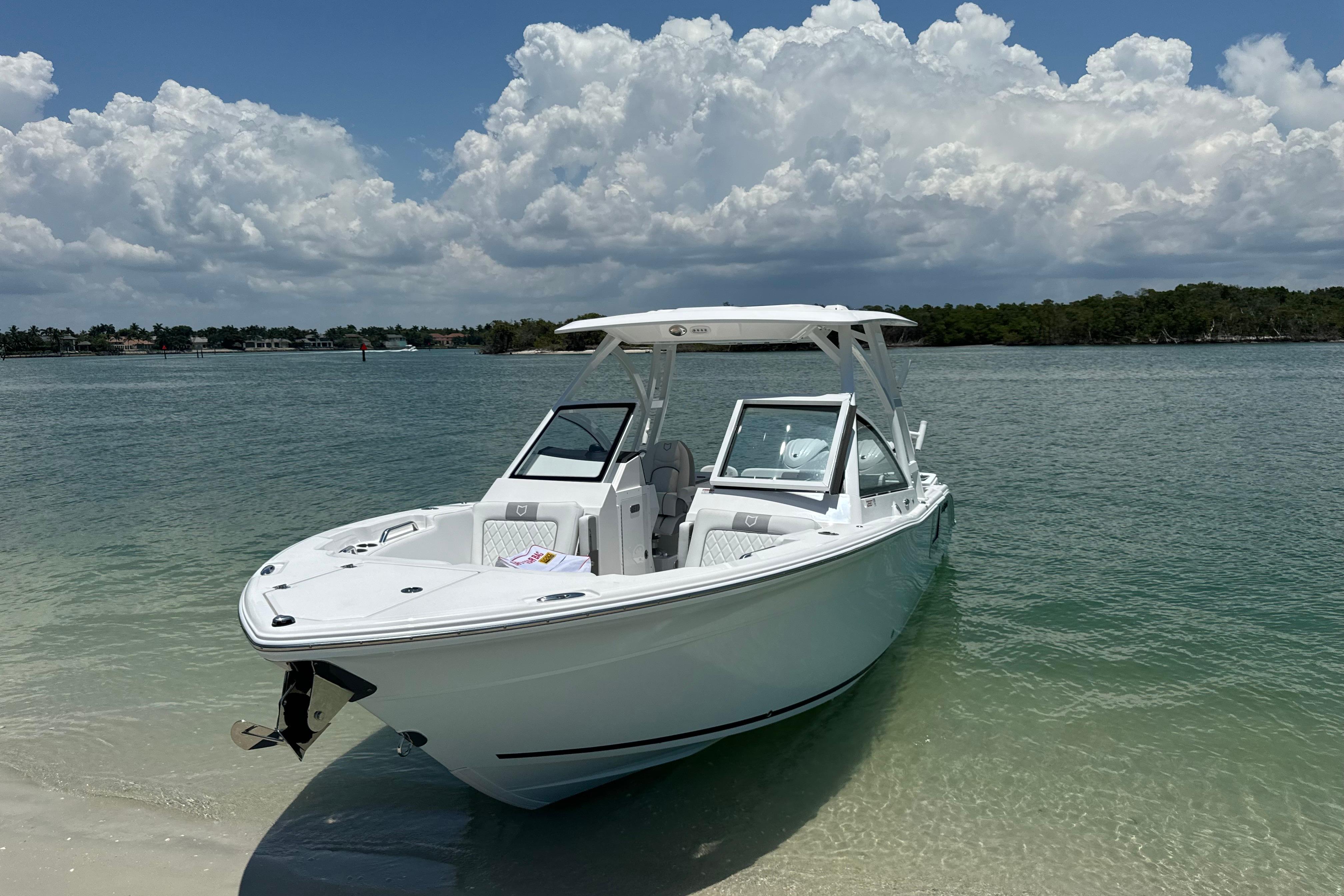 2024 Sea Fox 268 Traveler boat anchored on a sandy beach under a cloudy sky.