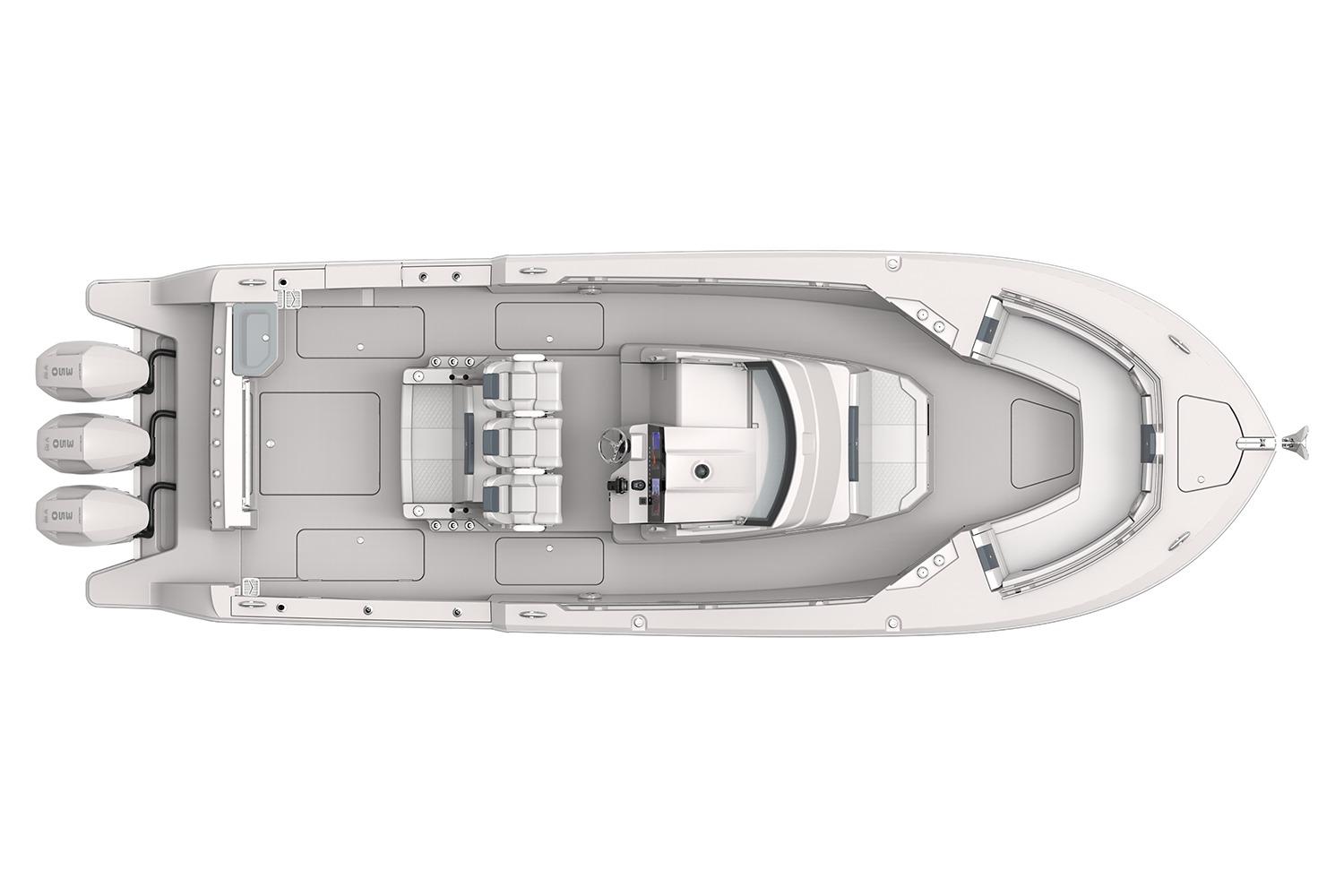 Manufacturer Provided Image: Top view of 2026 Bertram 34 CC boat layout with triple engines.