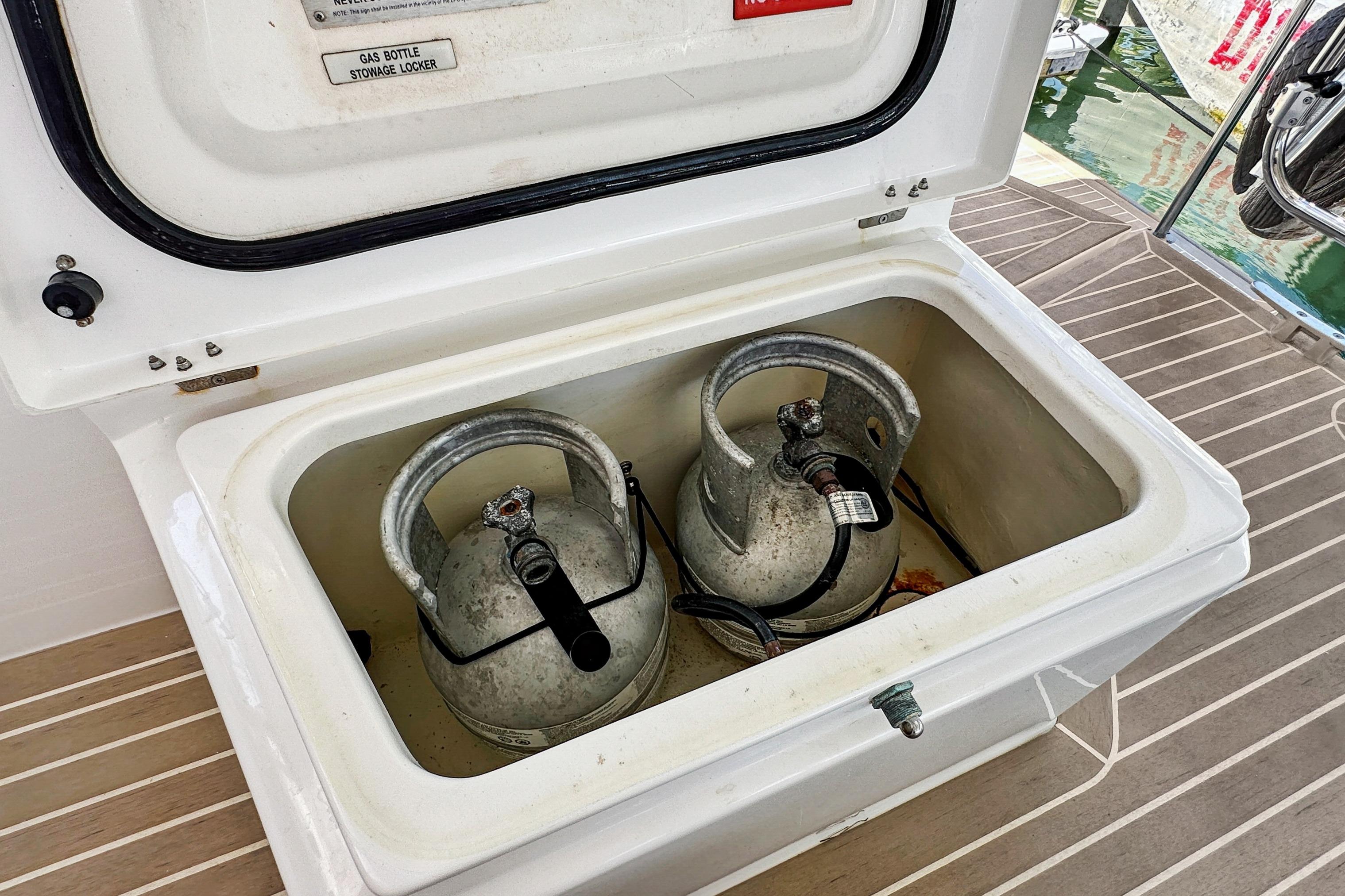 Gas bottle stowage locker on 2021 Leopard 45 yacht deck.