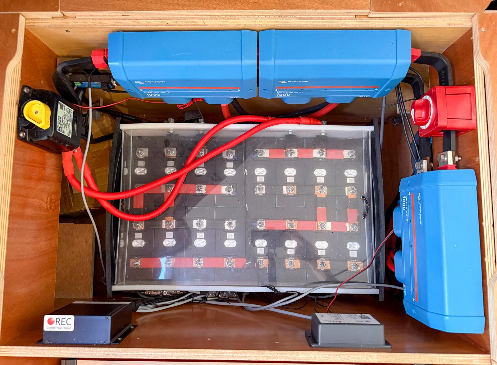 Electrical system of a 2017 Lagoon 42 catamaran with batteries and wiring.