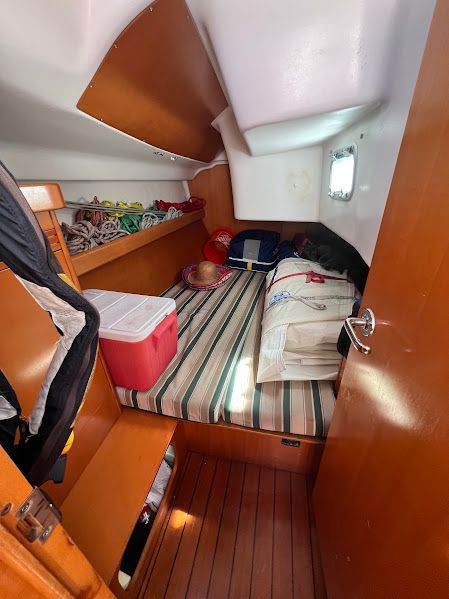 Interior of a 2000 Beneteau First 40.7 yacht with cozy cabin.