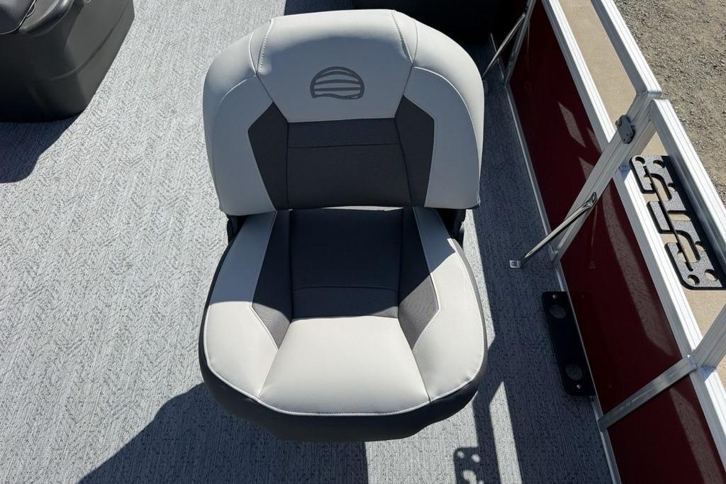 2026 Sun Tracker Bass Buggy 18 DLX boat seat, gray and black upholstery, top view.