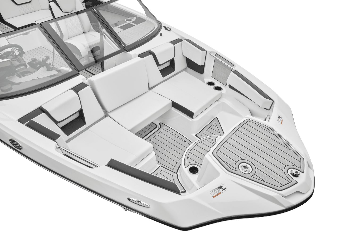 The image shows the cockpit of a Yamaha 222SD boat with white and gray seating.