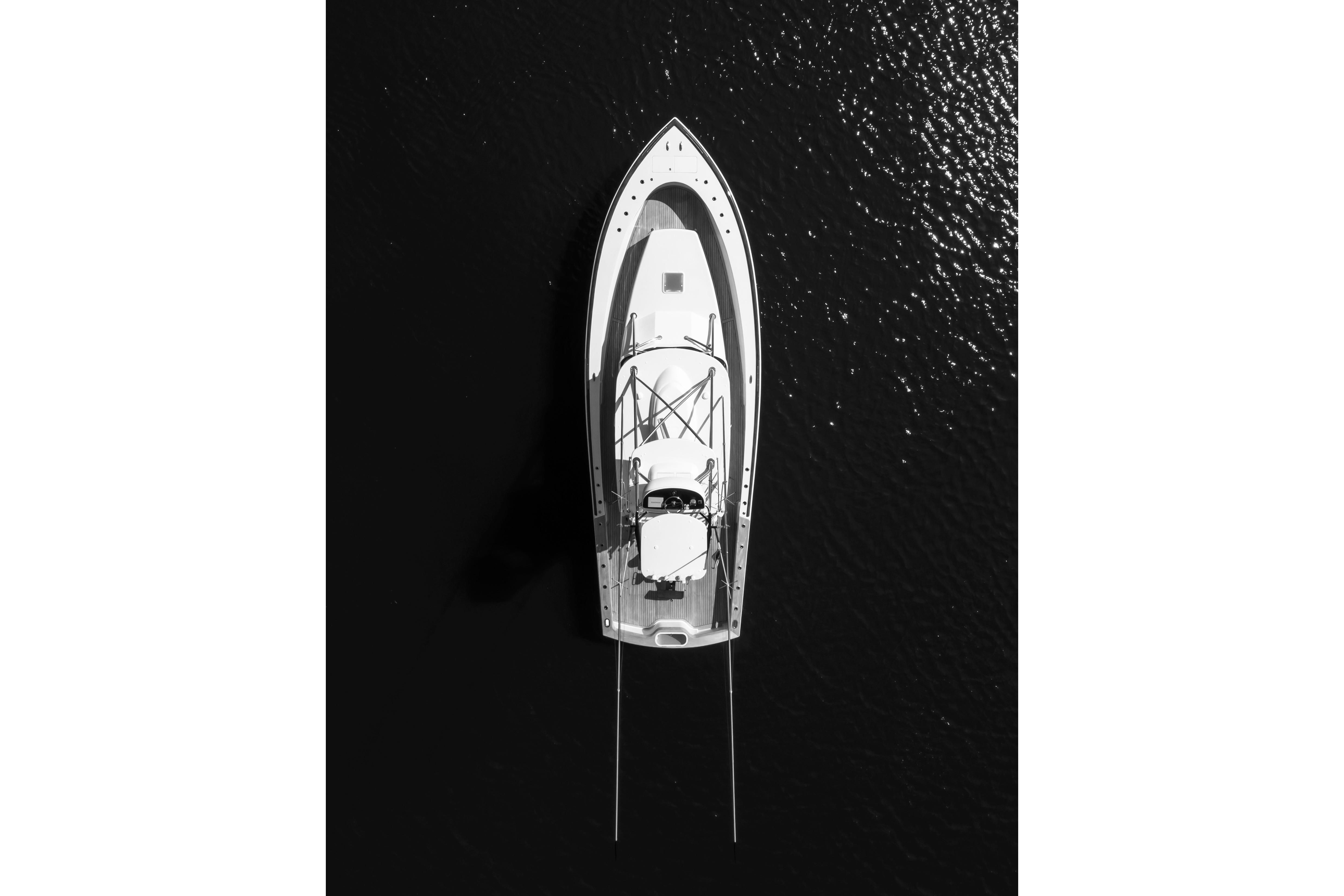 Aerial view of 2026 Release Boatworks 46 Walkaround on calm water.