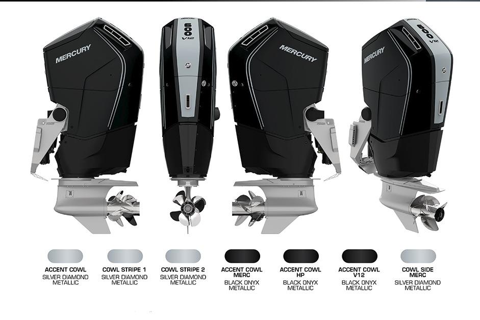 Four Mercury outboard motors in various metallic finishes for the 2026 Formula 380 Super Sport Crossover OB.
