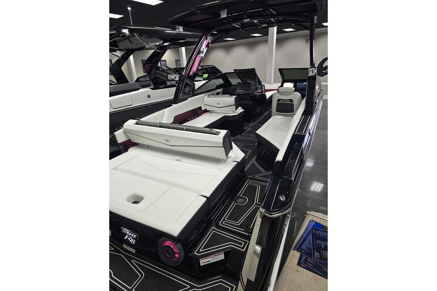 2026 Cobalt R8 Surf boat interior with sleek seating and modern design.