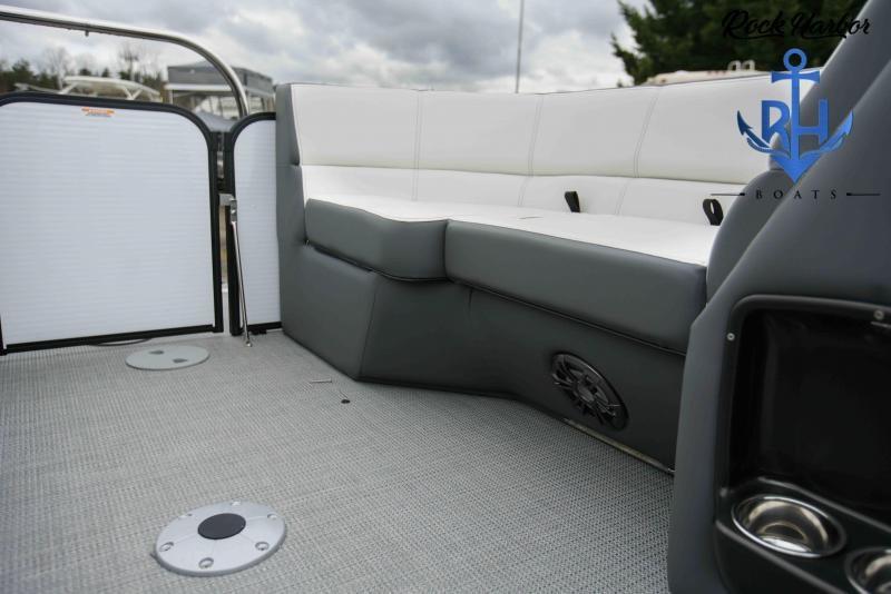 2022 Manitou RF 23 Aurora LE VP II boat interior with white and gray seating.