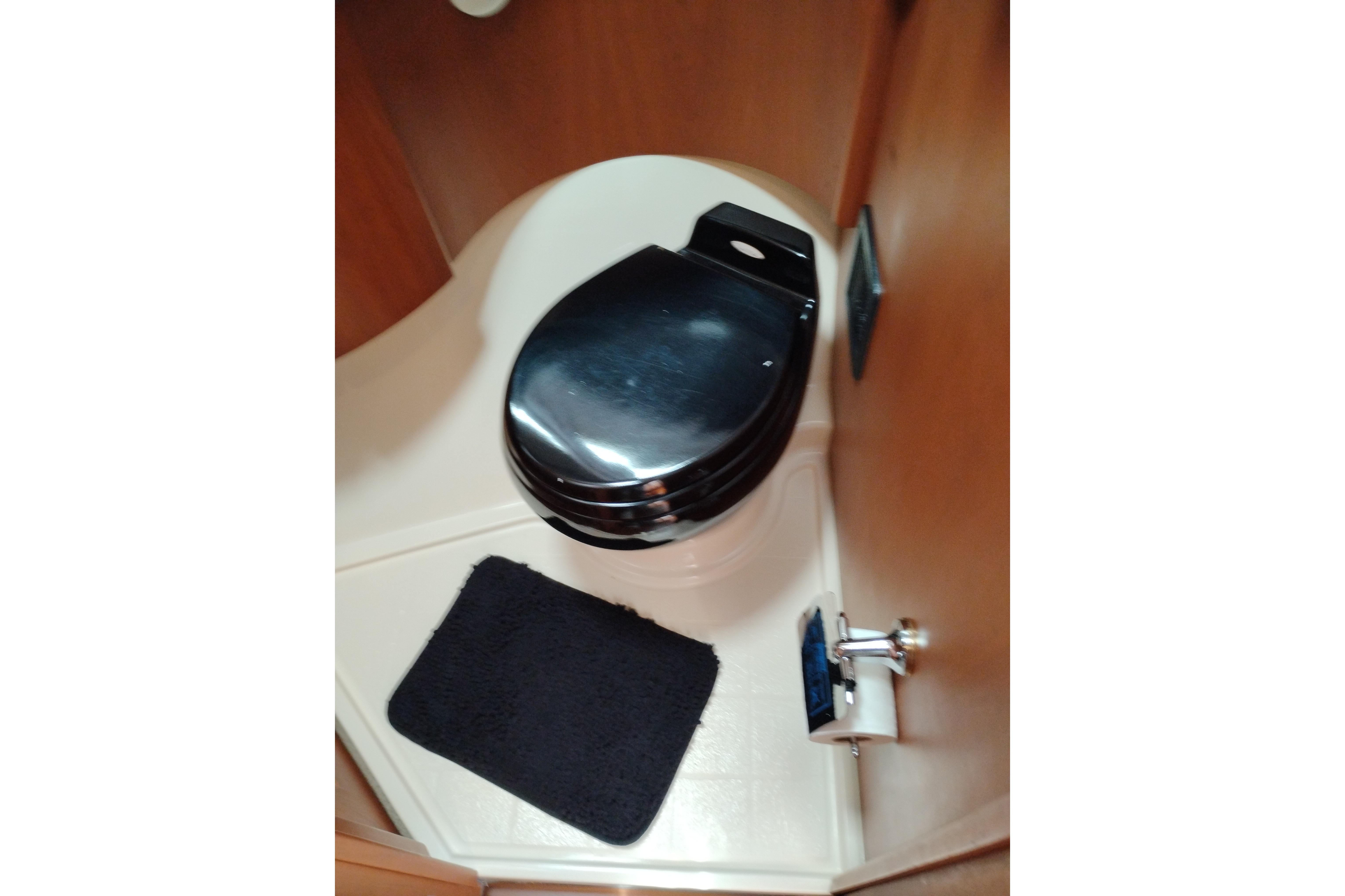 2005 Silverton 38 Convertible yacht bathroom with black toilet seat and mat.