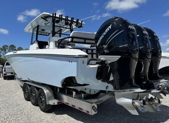 2023 Fountain 38 Tournament Edition boat with triple Mercury engines.