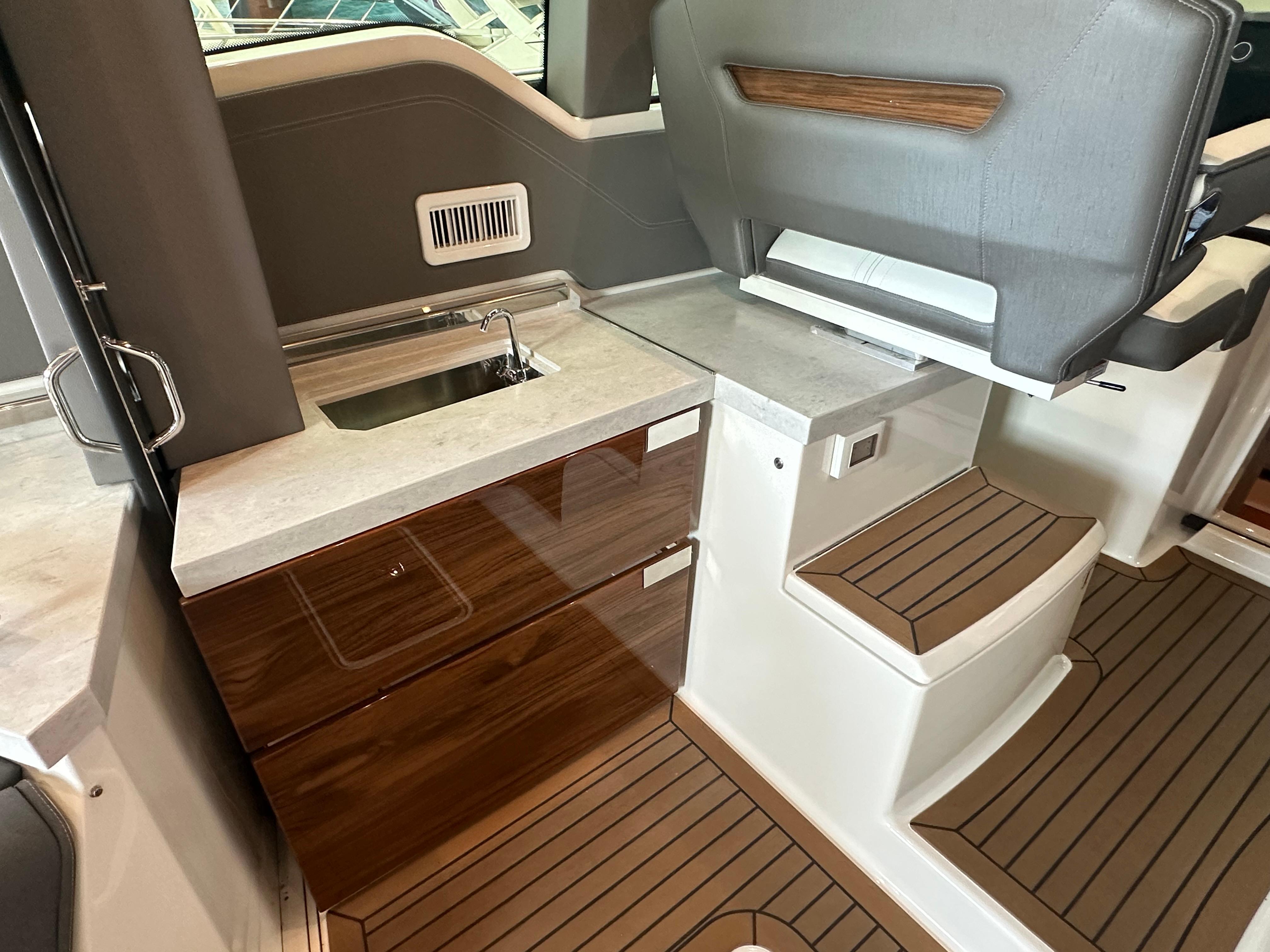 2022 Tiara Yachts 43 LE interior with sleek cabinetry and modern design.