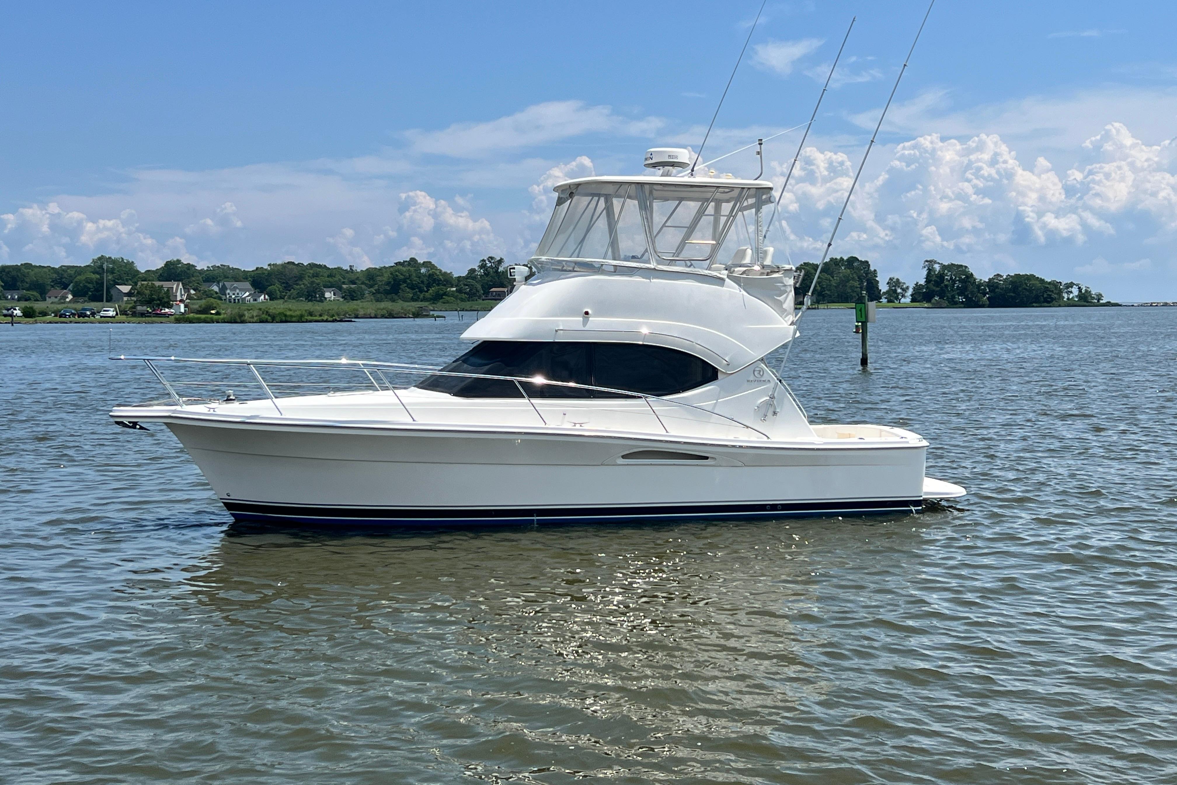 2007 Riviera 33 Flybridge yacht on calm water under a clear sky.