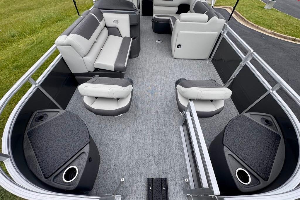 2026 Sun Tracker Fishin' Barge 20 DLX interior with spacious seating and modern design.