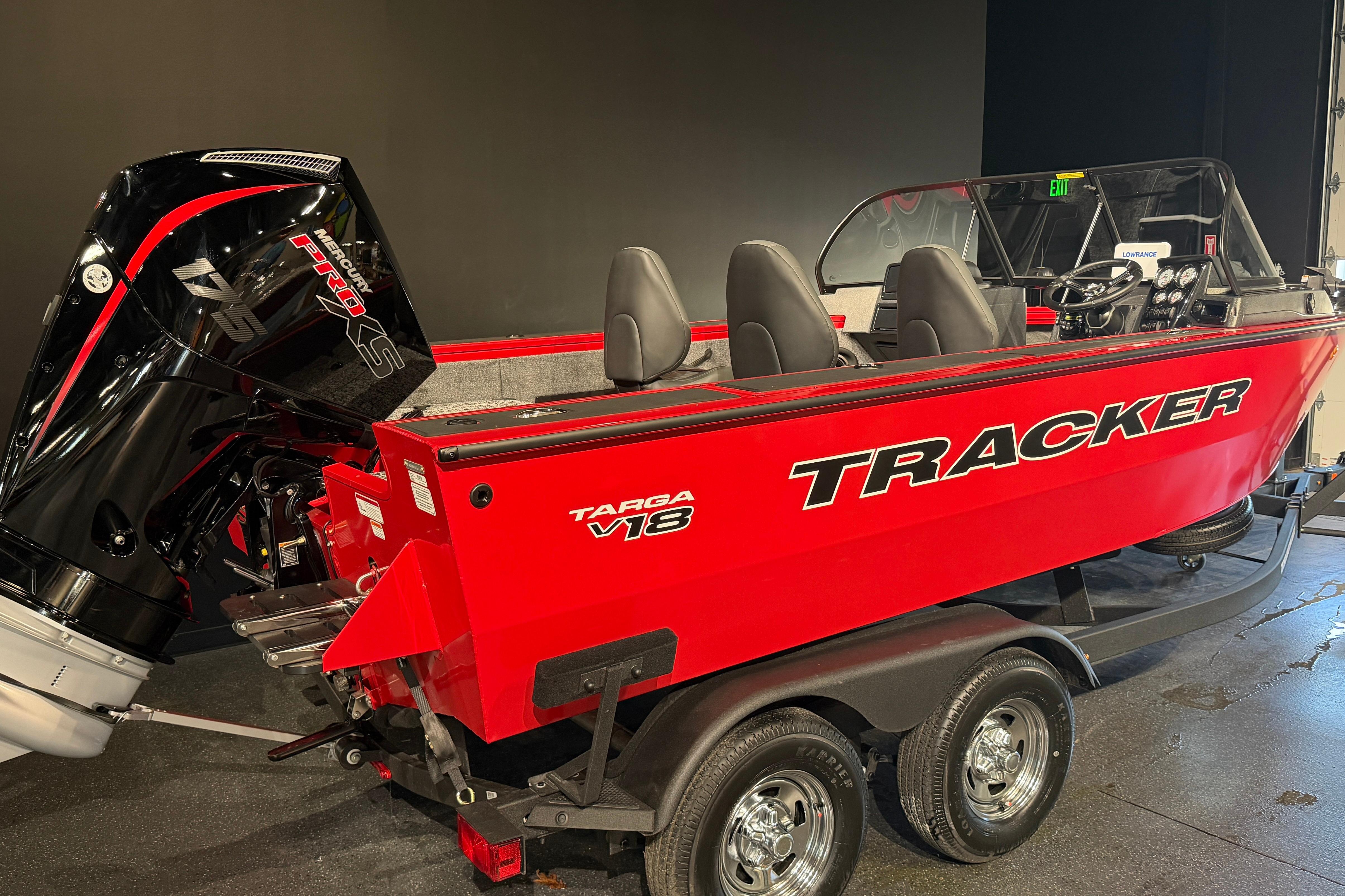 2026 Tracker Targa V-18 Combo boat with Mercury 175 Pro XS engine, red exterior.