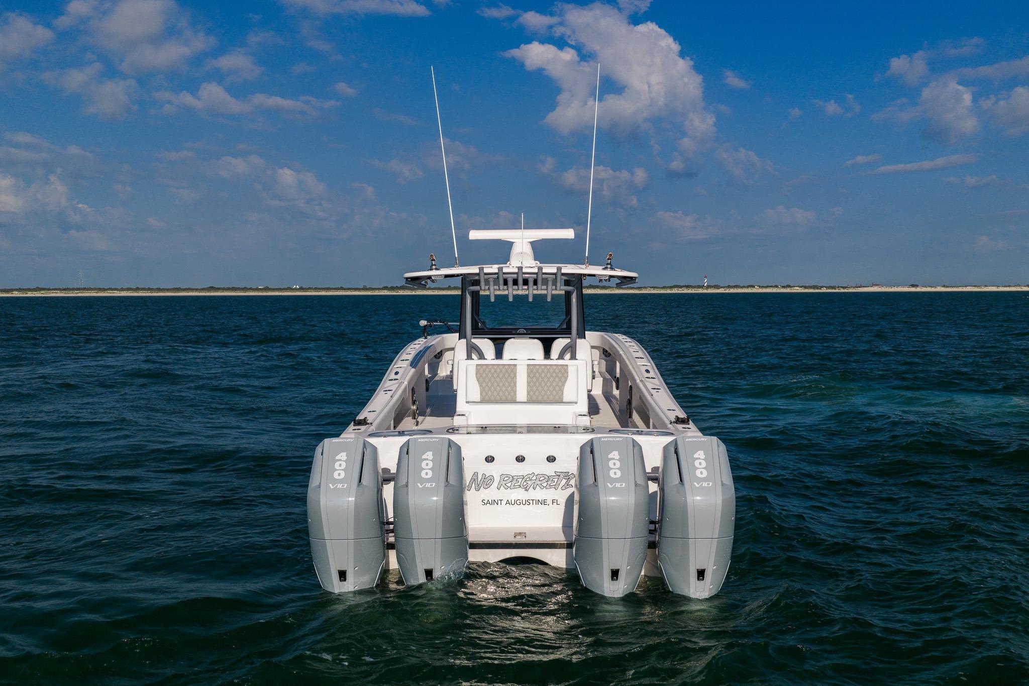 2026 Front Runner 37 Catamaran with quad engines on open water.