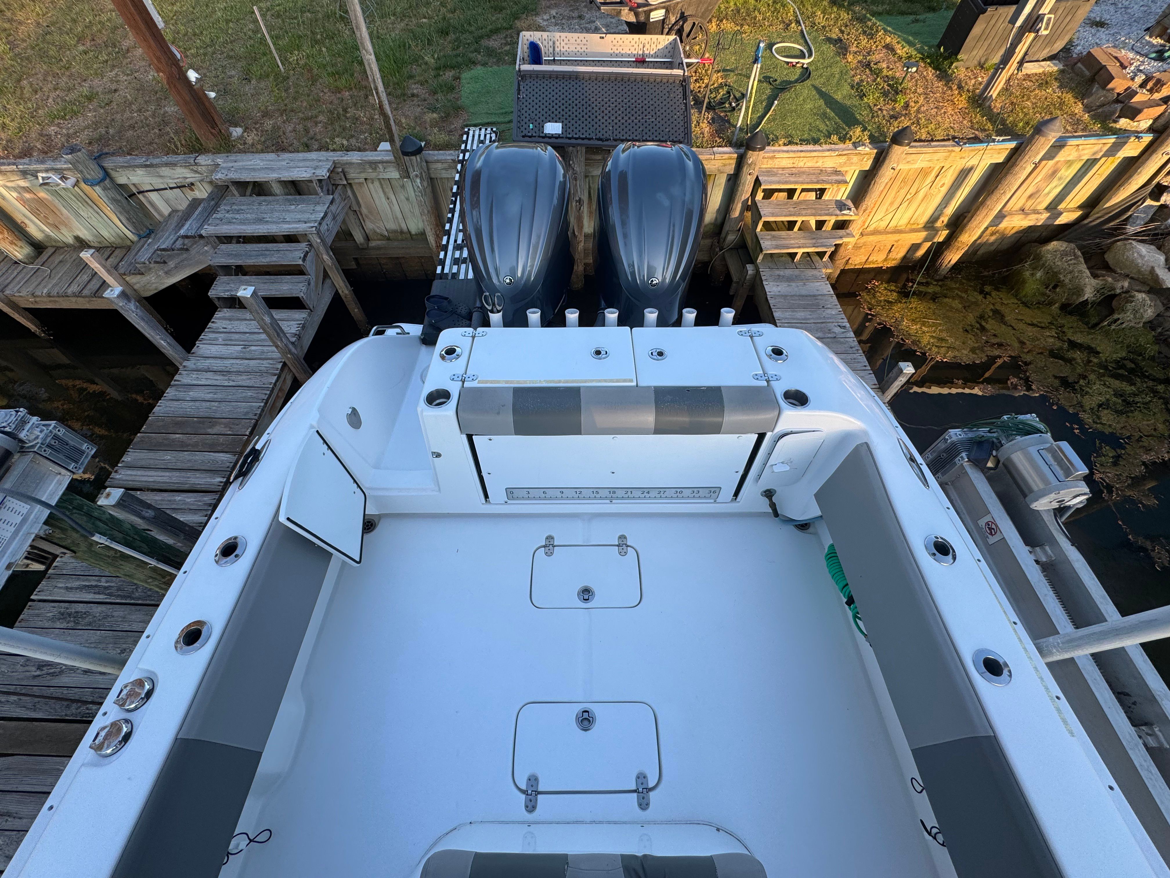 Aerial view of a 2021 Cape Horn 32 XS boat at dock.