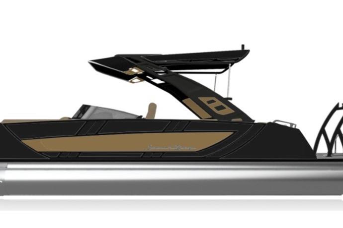 2026 South Bay Sport RS9 DC pontoon boat, sleek black and gold design.