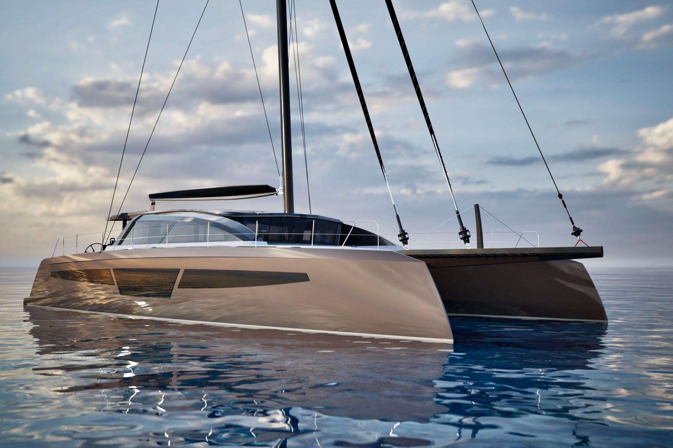 Luxury 2027 Comar C-CAT 56 catamaran sailing on calm ocean waters.