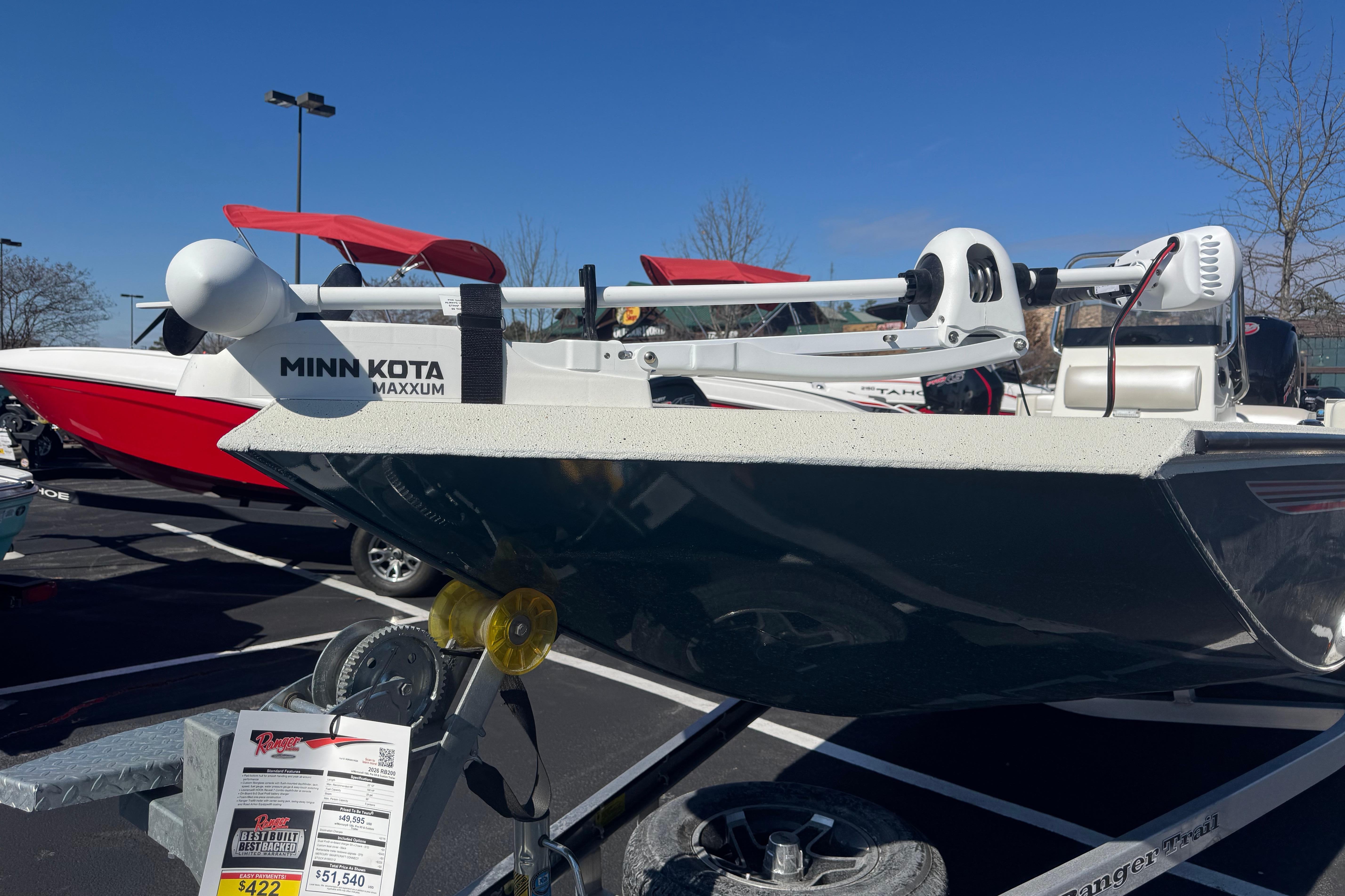 2026 Ranger RB200 boat with Minn Kota Maxxum motor displayed outdoors.