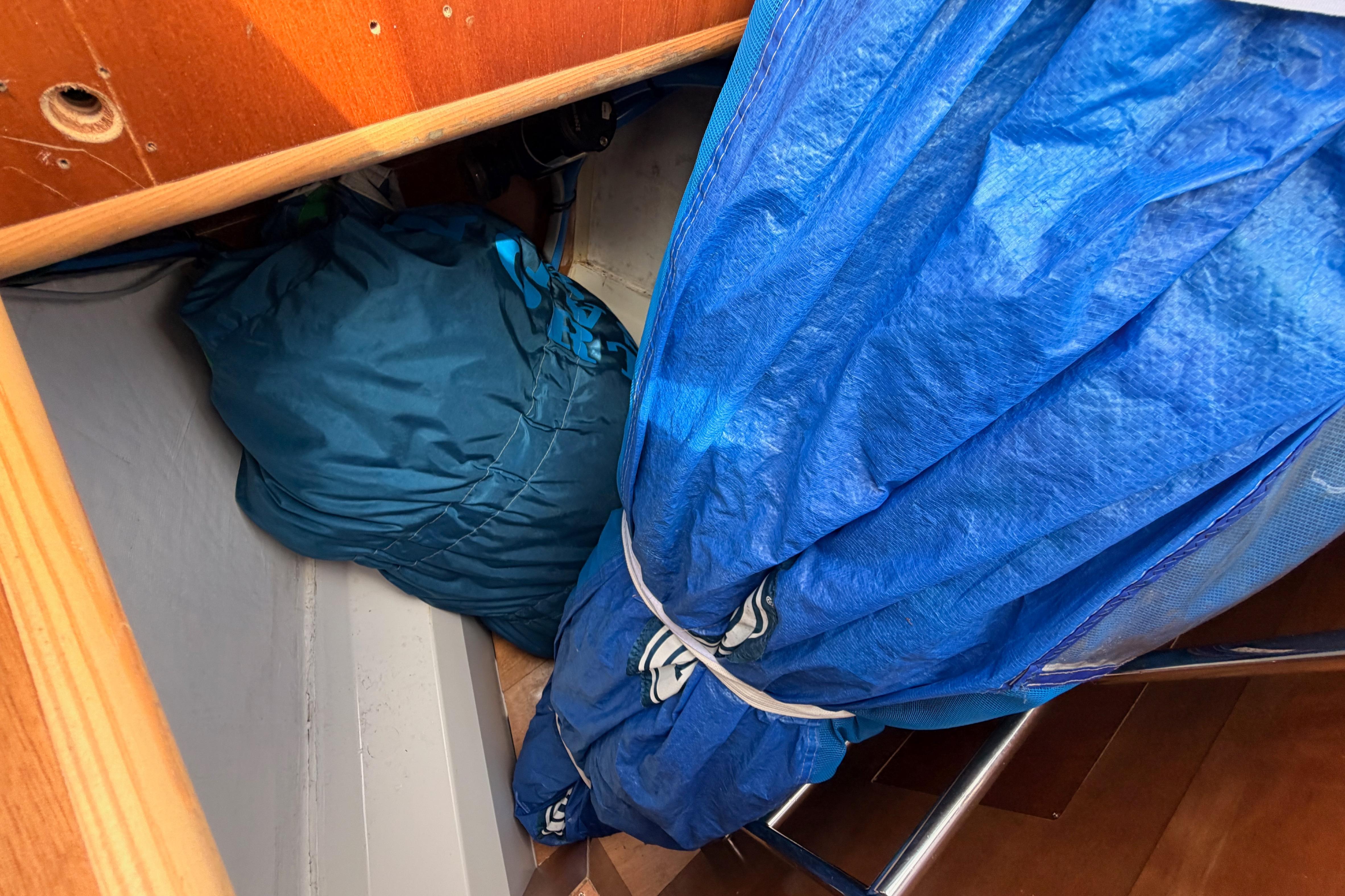 Storage area on a 2020 Beneteau Oceanis 46.1 yacht with blue sails.