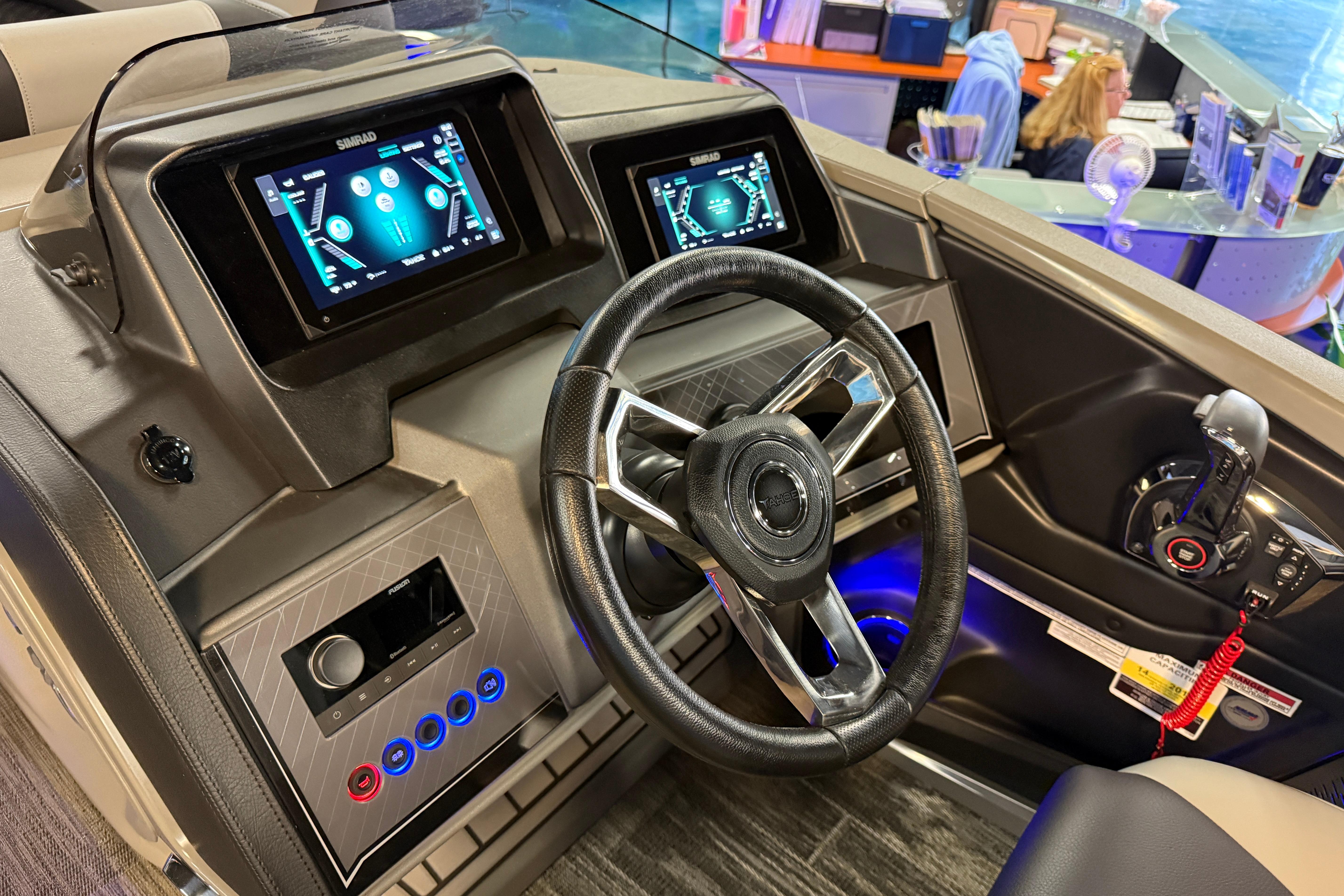 2026 Tahoe Pontoon Cascade Cruise Rear Bench dashboard with modern controls and steering wheel.