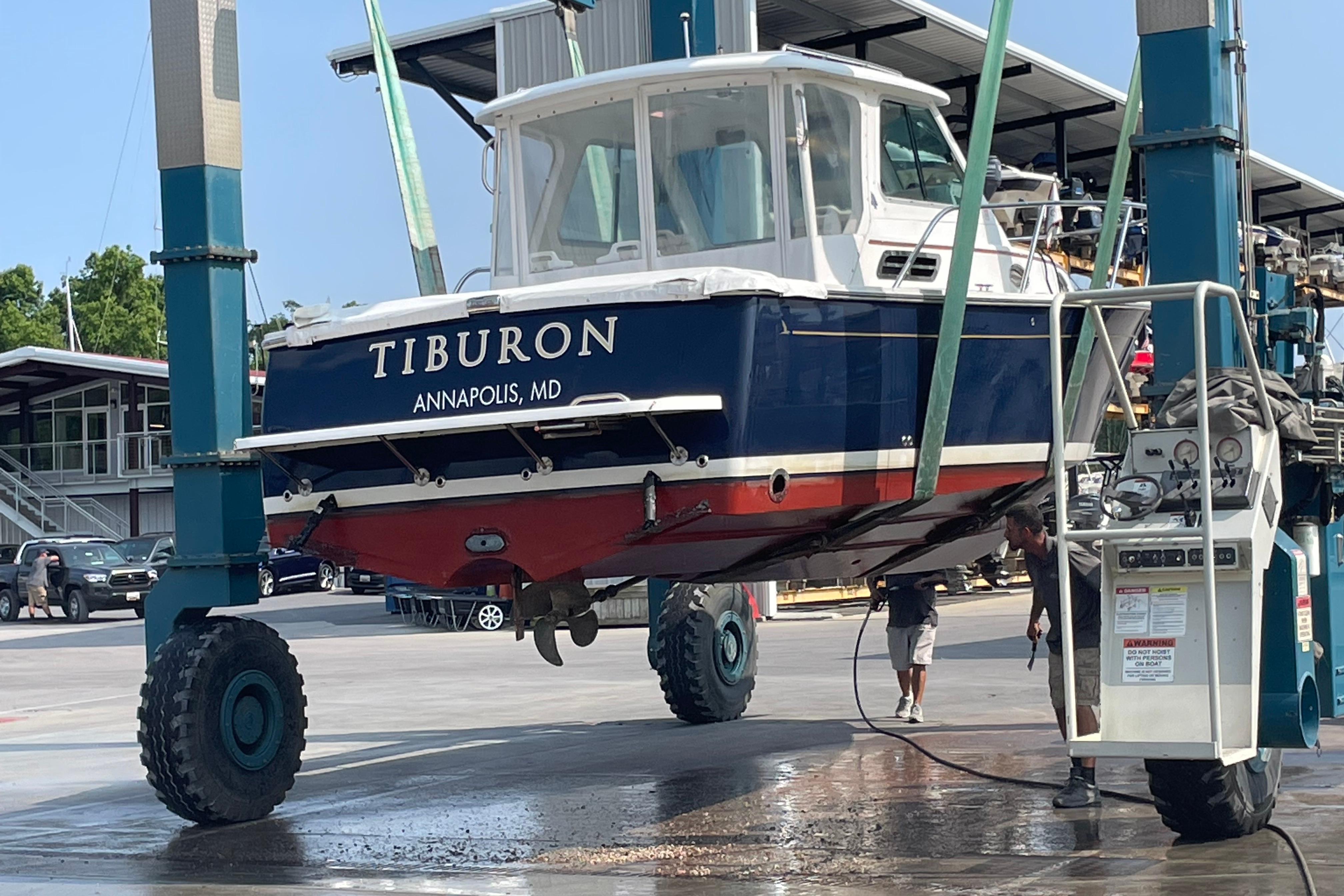 2007 Back Cove 29 boat named Tiburon lifted at Annapolis, MD marina.
