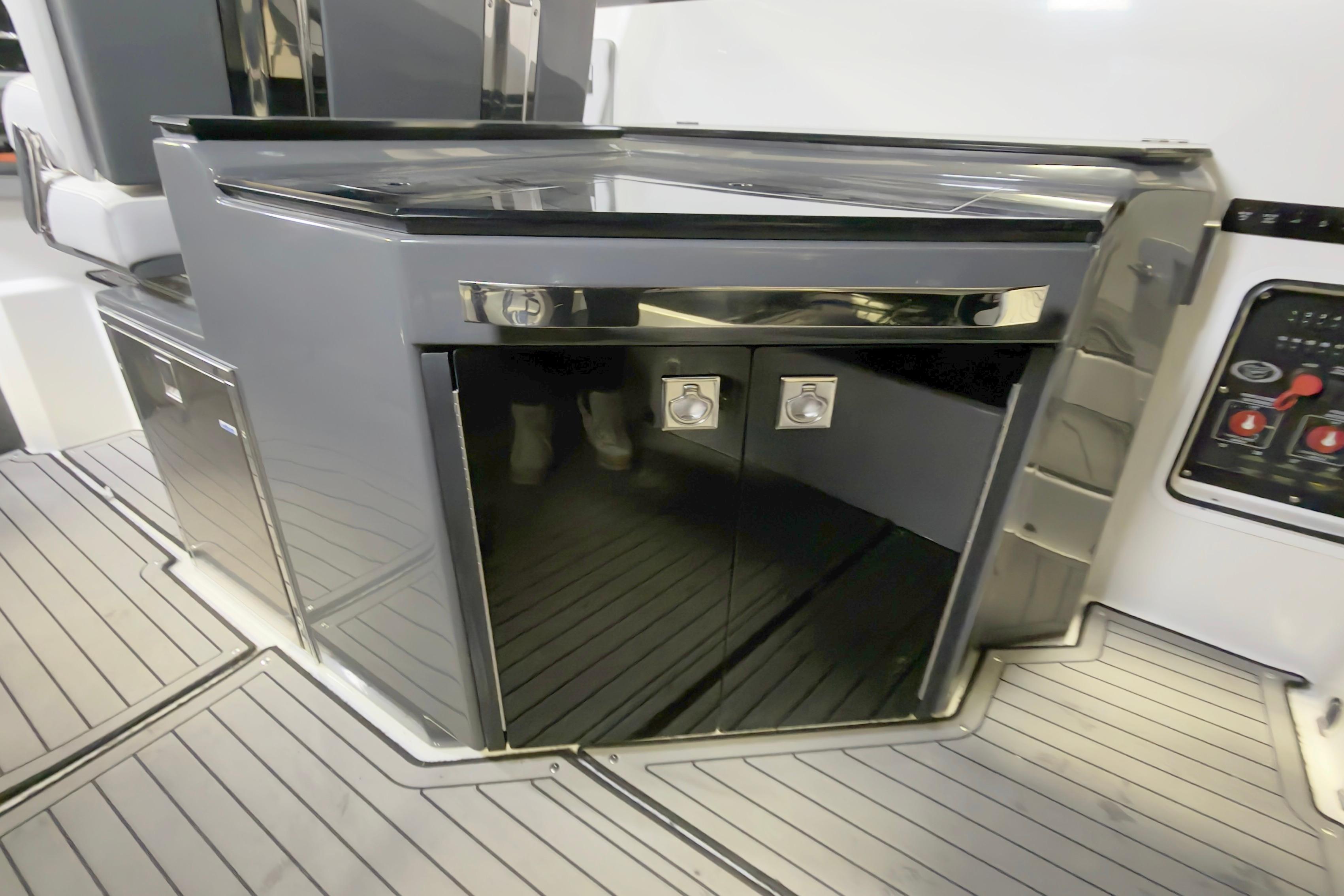 2021 Cobalt A36BR boat interior with sleek cabinetry and modern design.