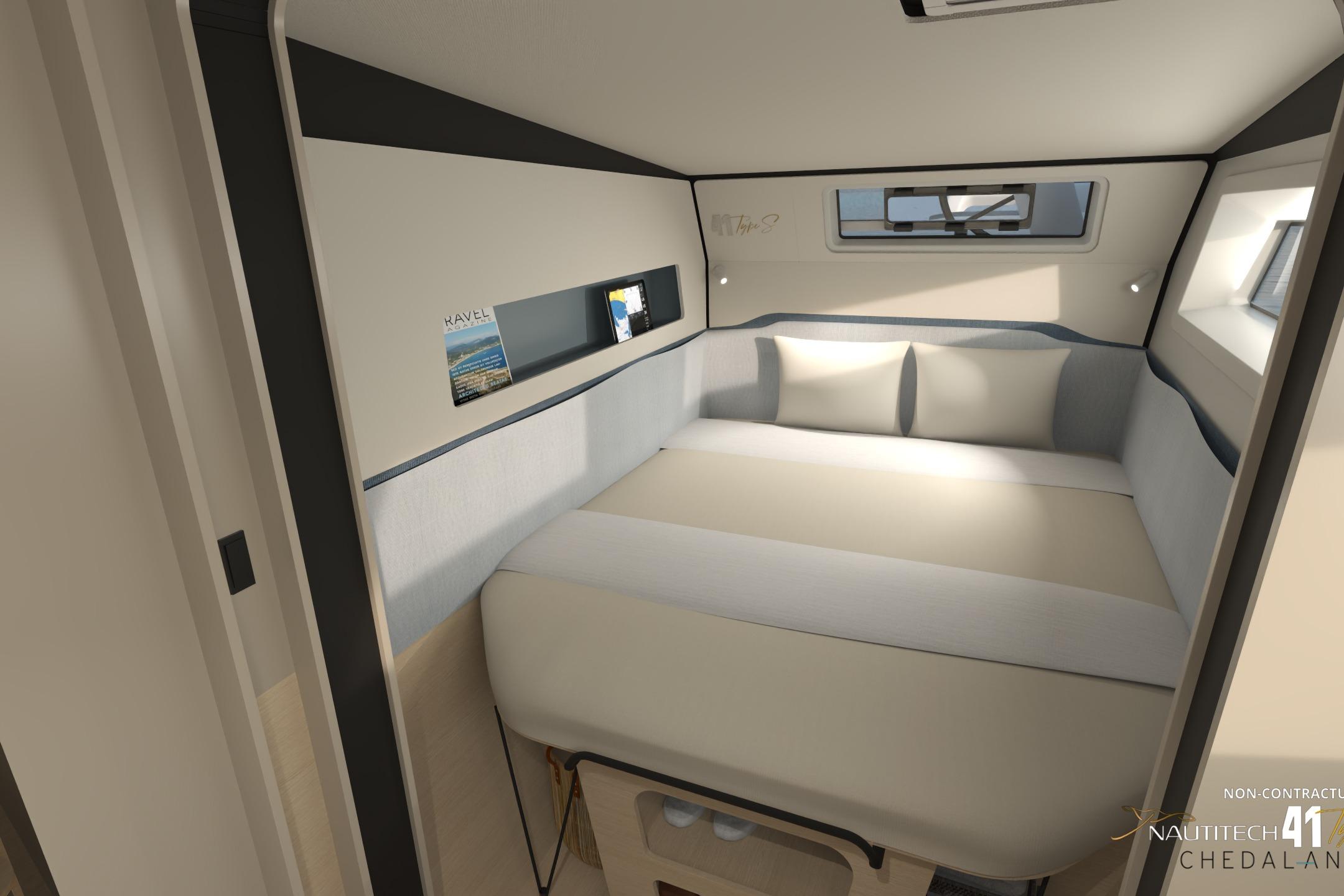 Interior of Nautitech 41 Type S 2026 with cozy bed.