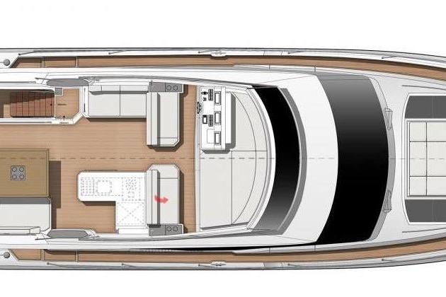 Top view layout of a 2019 Prestige 630 yacht interior, showcasing seating and kitchen areas.