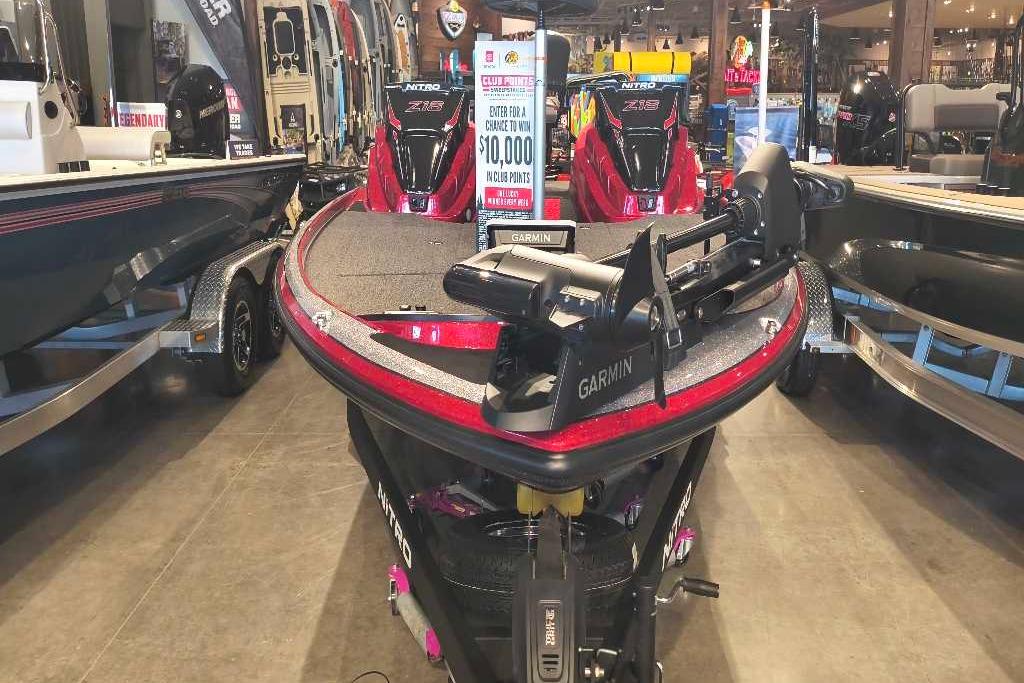 2026 Nitro Z18 Pro boat with Garmin equipment displayed in showroom.