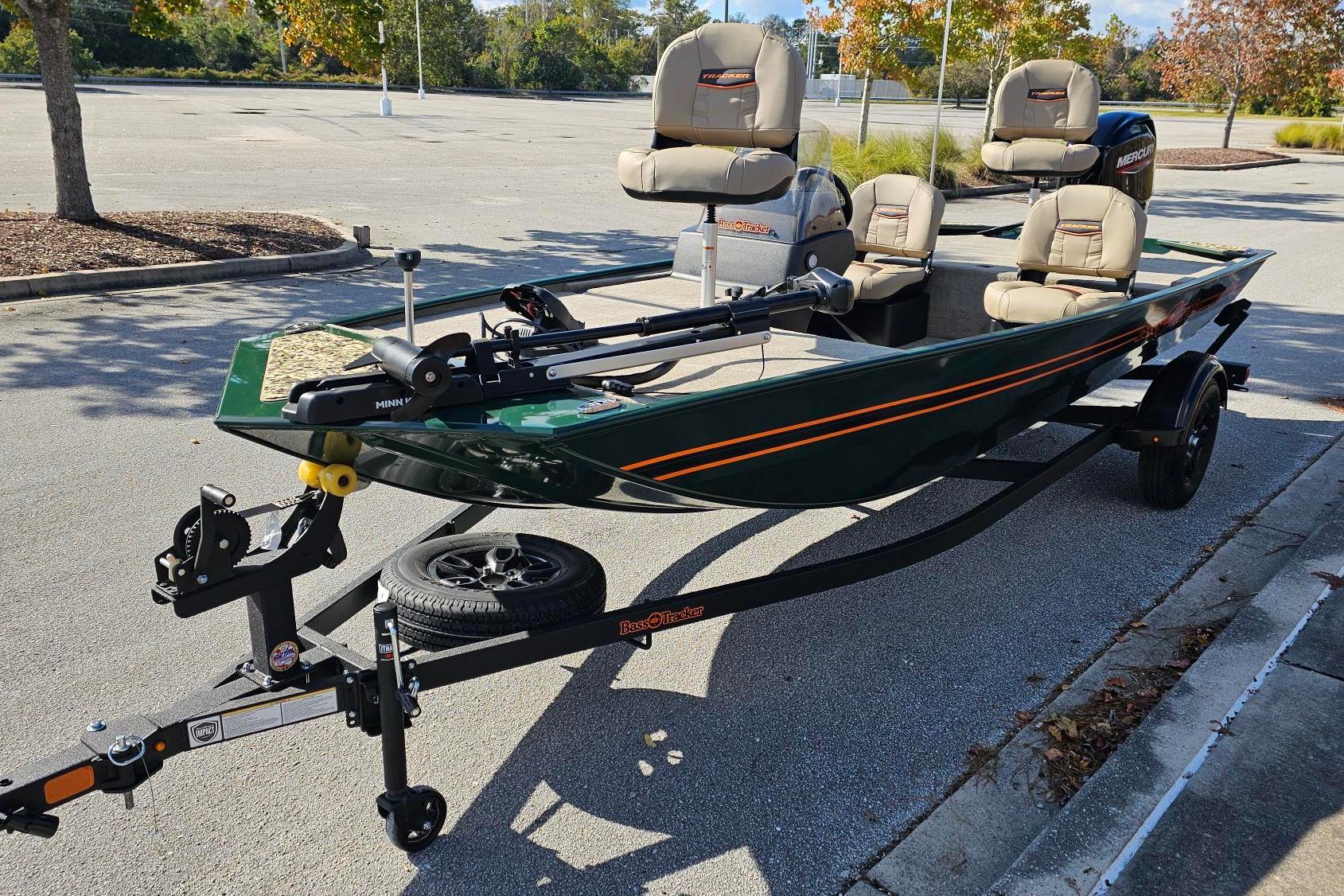 2026 Tracker Bass Tracker Classic Limited boat on trailer in parking lot.