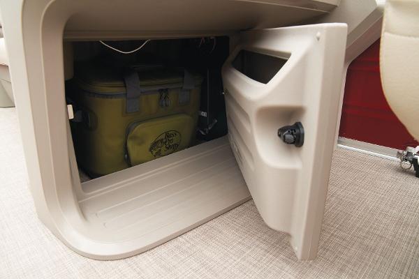 Storage compartment on 2024 Sun Tracker Party Barge 20 DLX pontoon boat.