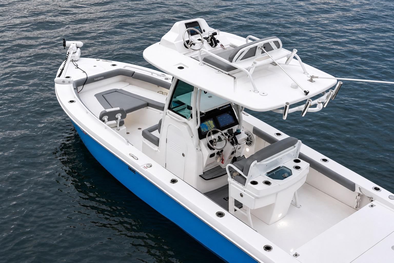 2024 Everglades 253 Center Console boat on water, featuring modern design and advanced navigation systems.
