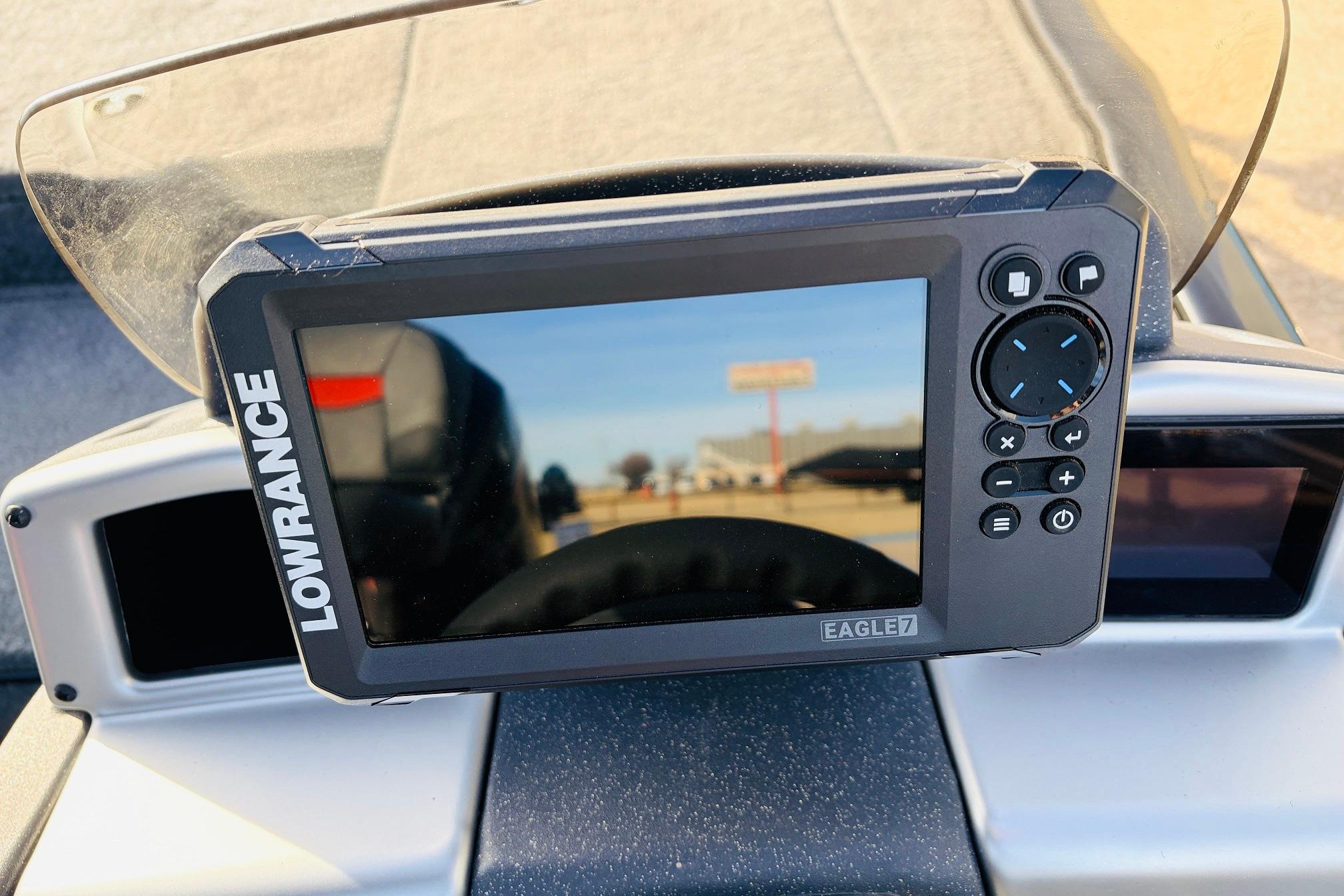 Lowrance Eagle 7 fishfinder on 2025 Tracker Savage 215 boat dashboard.