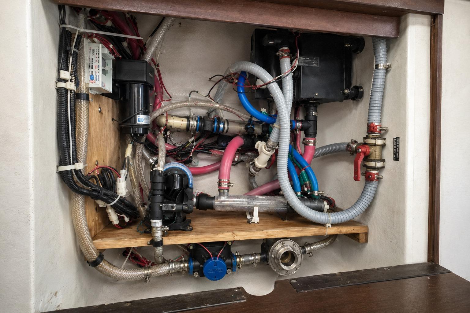 Plumbing system inside a 2010 Lagoon 421 yacht, featuring various pipes and valves.