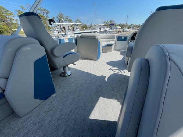 2025 Berkshire 22 RFX LE Tri-toon Pontoon interior with plush seating and modern design.