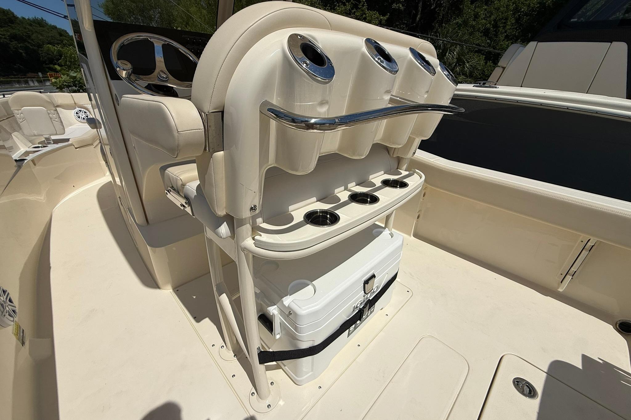 2027 Scout 240 XSF boat interior with seating and storage compartments.