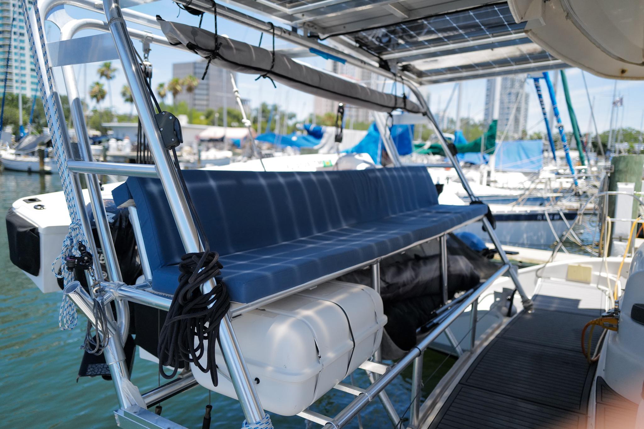 Leopard 43 catamaran deck with seating, docked at marina, 2006 model.
