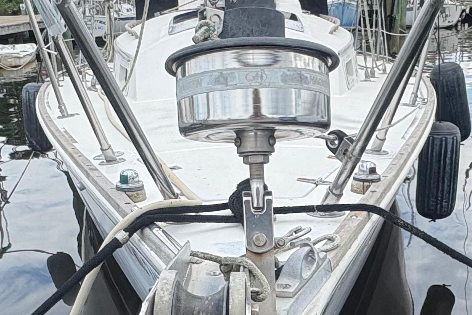 Bow of 1981 Sabre 31 sailboat with anchor and rigging details.