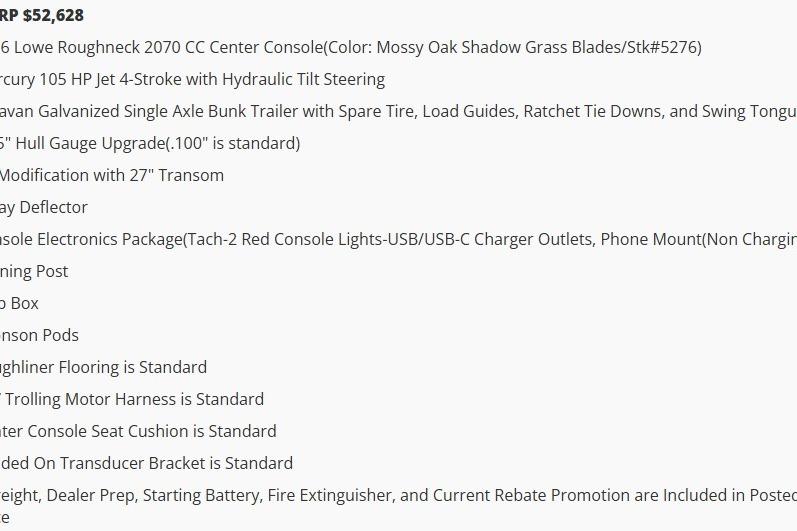 2026 Lowe Roughneck 2070CC boat features and pricing details, including Mercury engine and trailer.