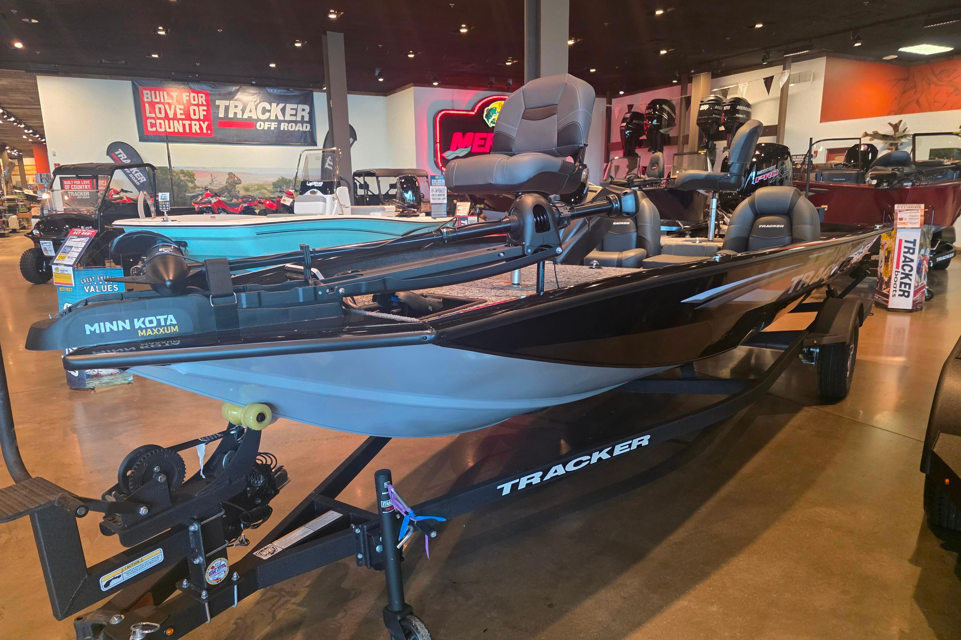 2026 Tracker Pro Team 190 boat displayed in showroom with Minn Kota Maxxum motor.