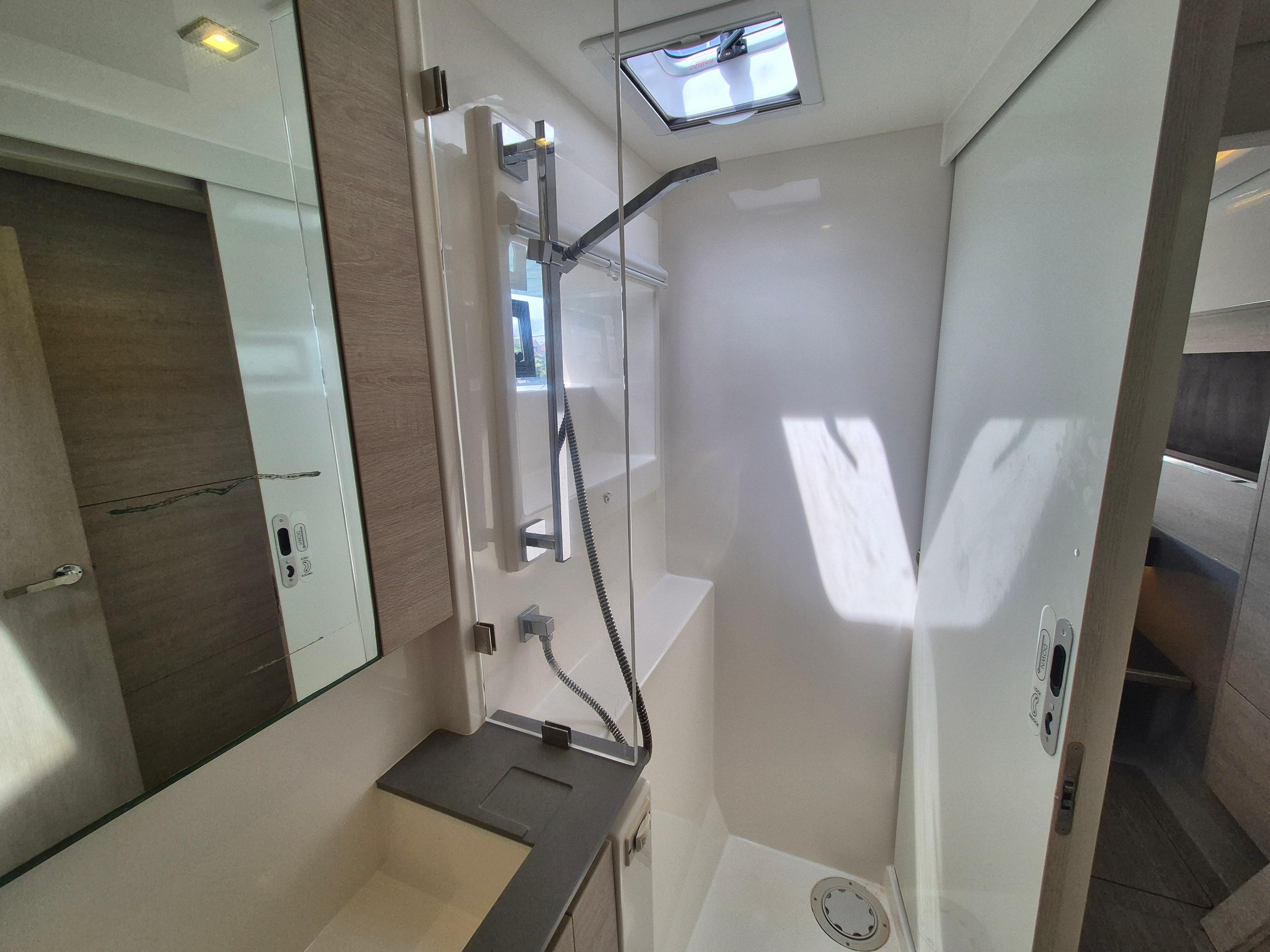 Modern bathroom on Leopard 50 yacht, year 2021.