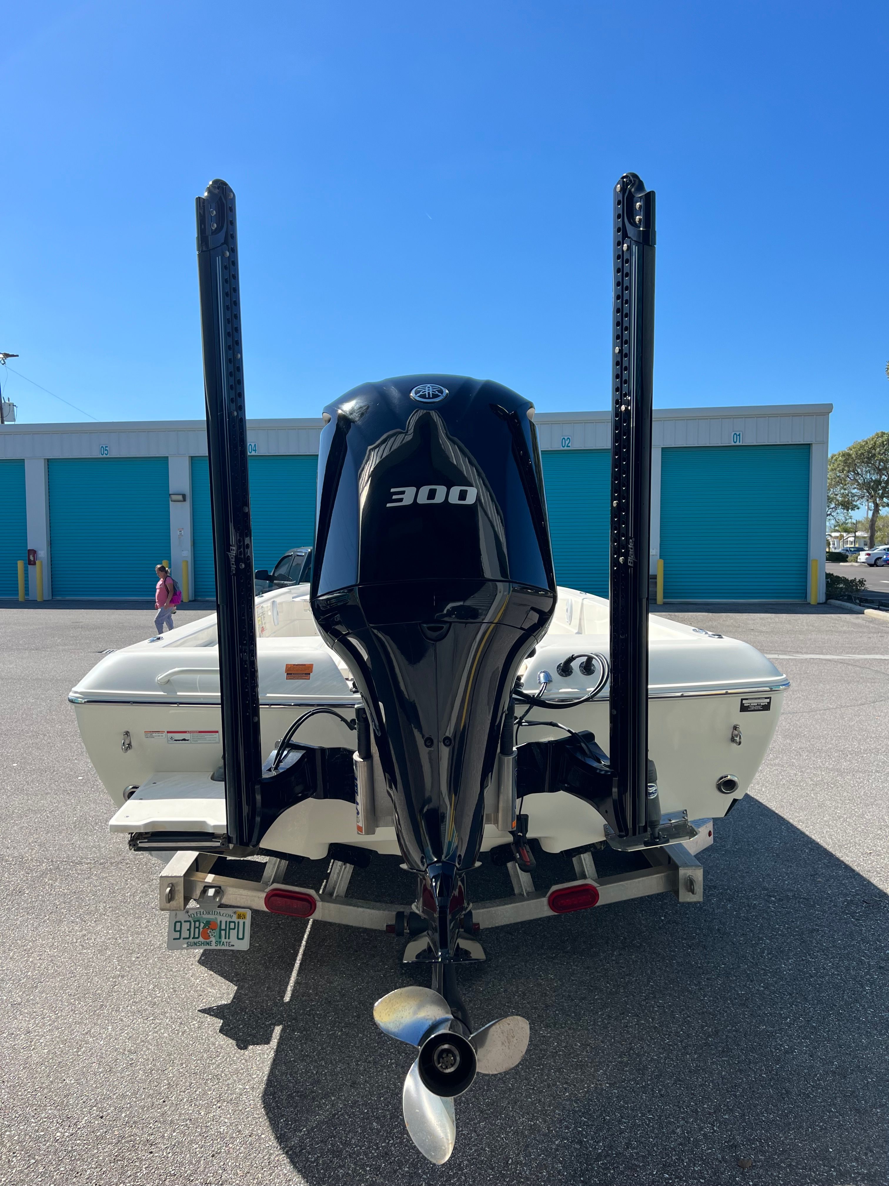 The image shows the rear of a 2020 Skeeter SX240 boat with a 300 HP engine.
