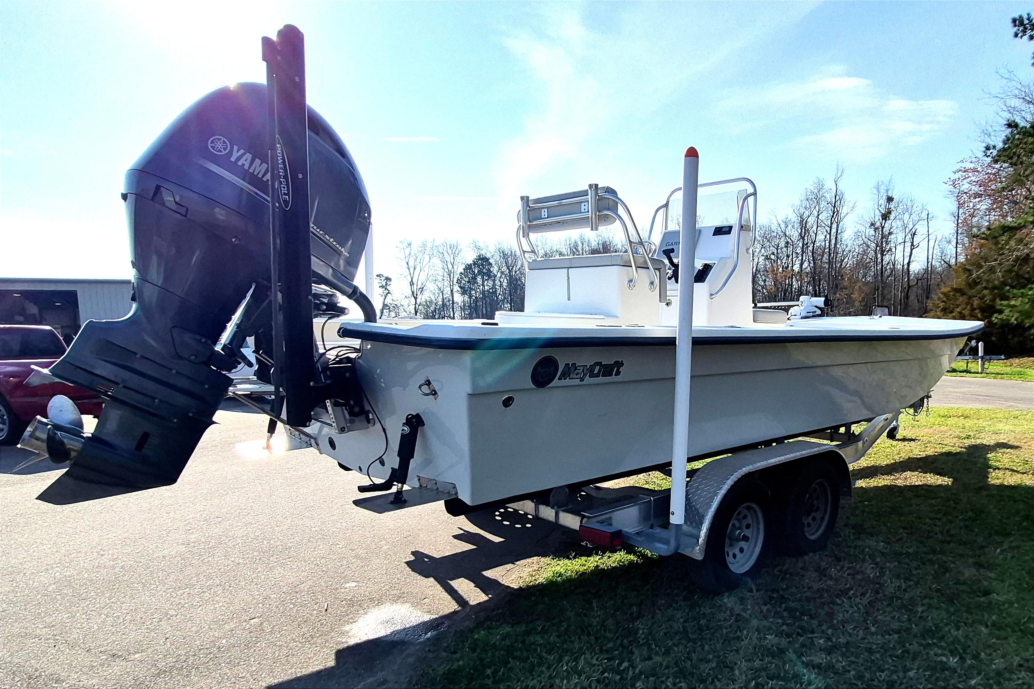 2024 May-Craft 22 Hancock Skiff on trailer with Yamaha outboard motor.