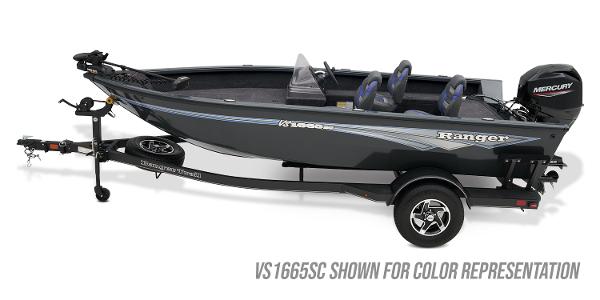 2024 Ranger VS1682SC Angler fishing boat with trailer, side view.