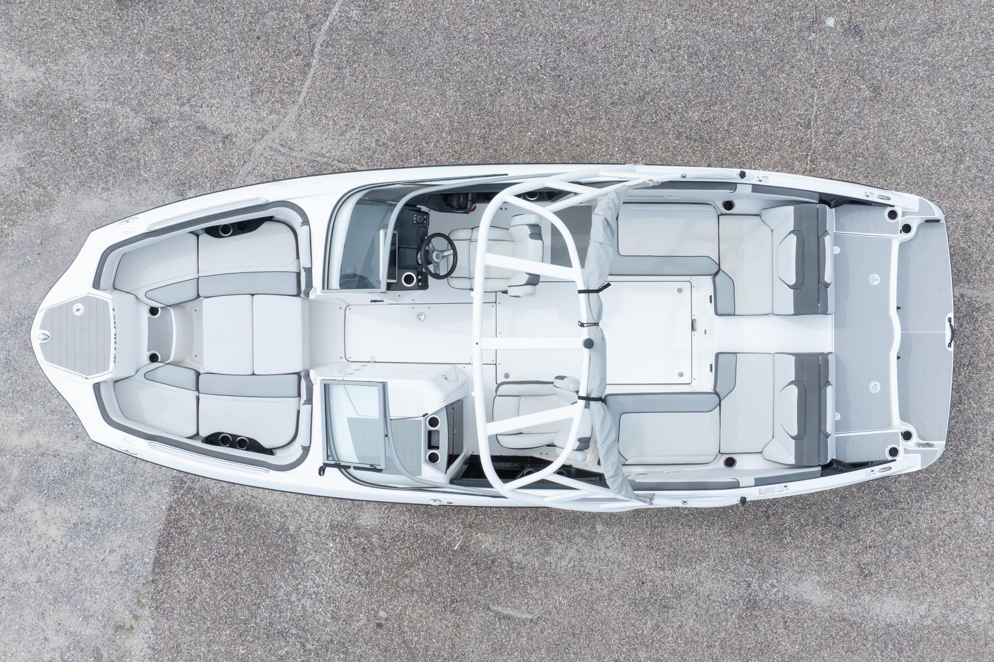 2021 Yamaha Boats AR250, aerial view showcasing spacious seating and sleek design.