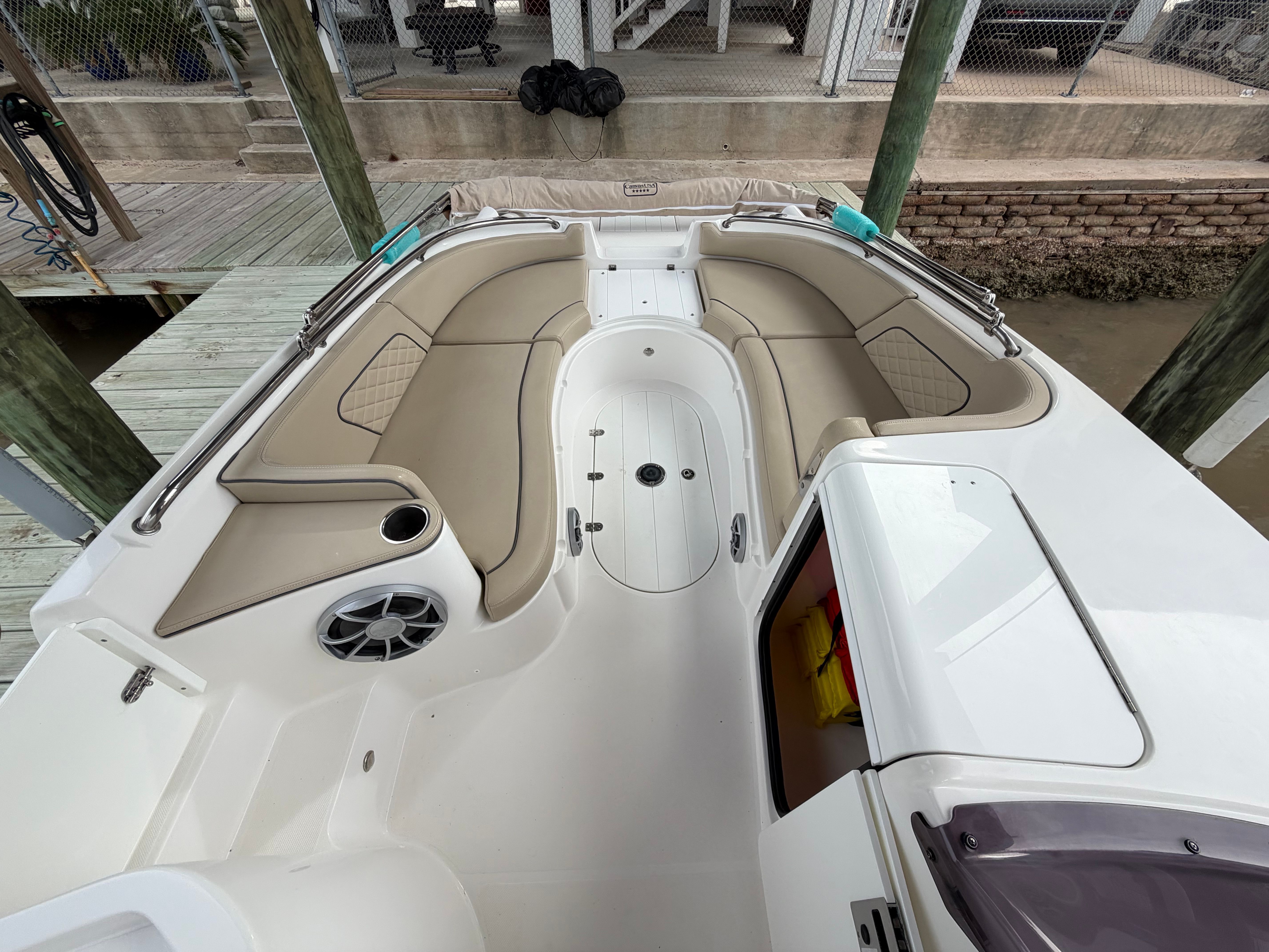 Interior view of a 2021 Sea Pro Citation boat at dock.