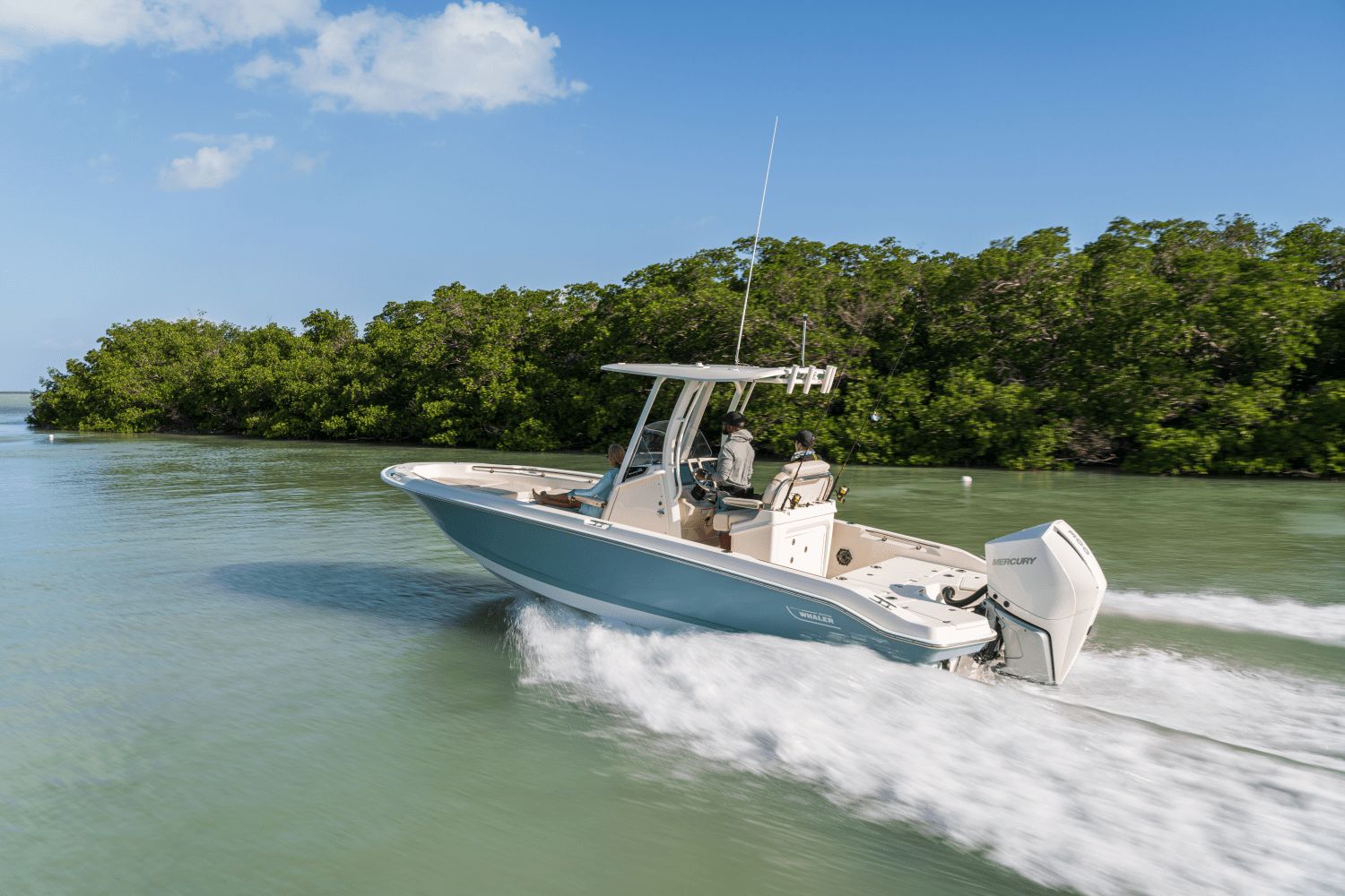 A Boston Whaler 25DA boat speeds through calm, turquoise water, surrounded by green trees.