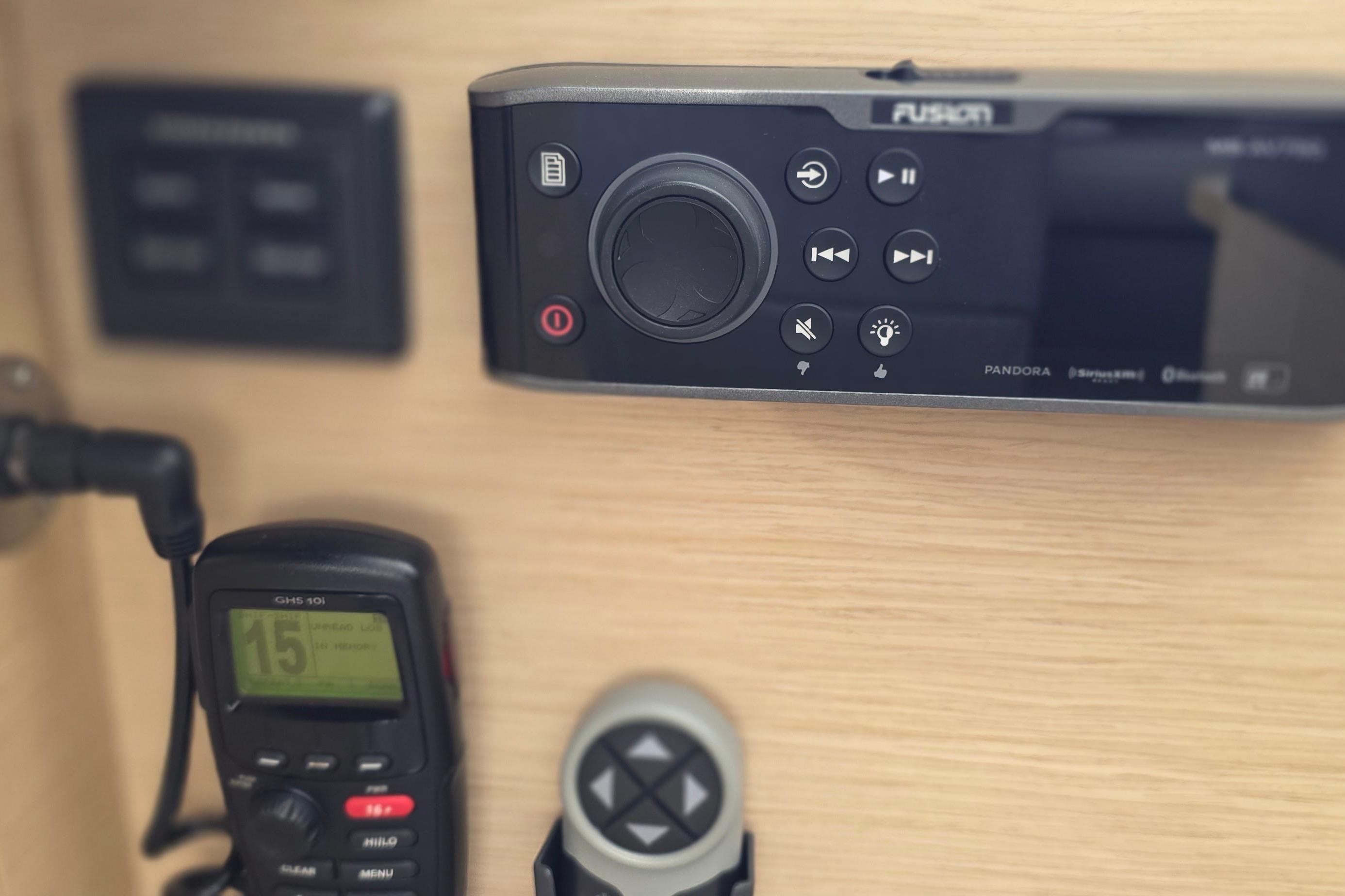 Control panel and radio equipment on a 2018 Fountaine Pajot Motor Yacht 44.