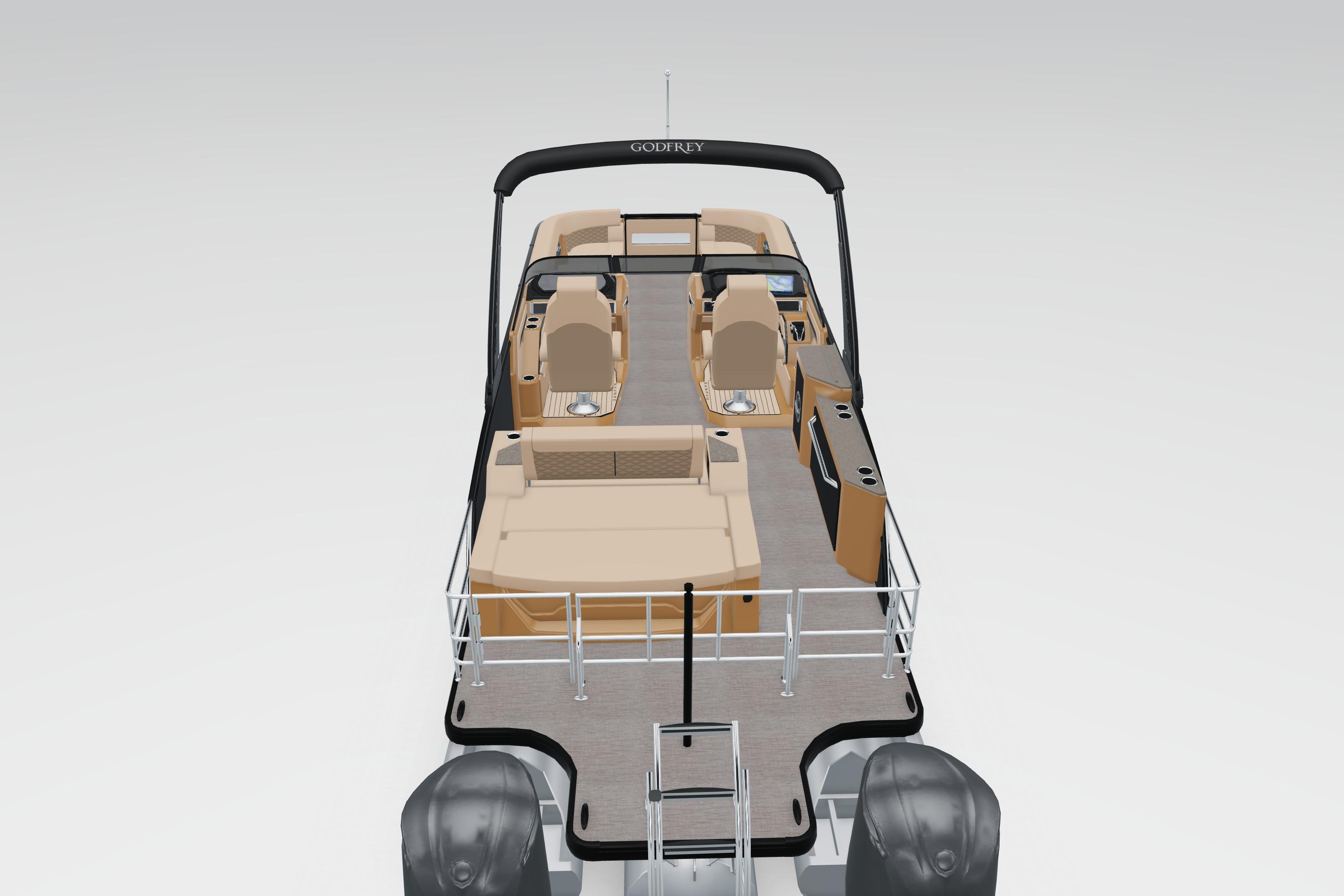 2026 Godfrey Sanpan 27' Tritoon with twin flip lounge and windshield, sleek design.